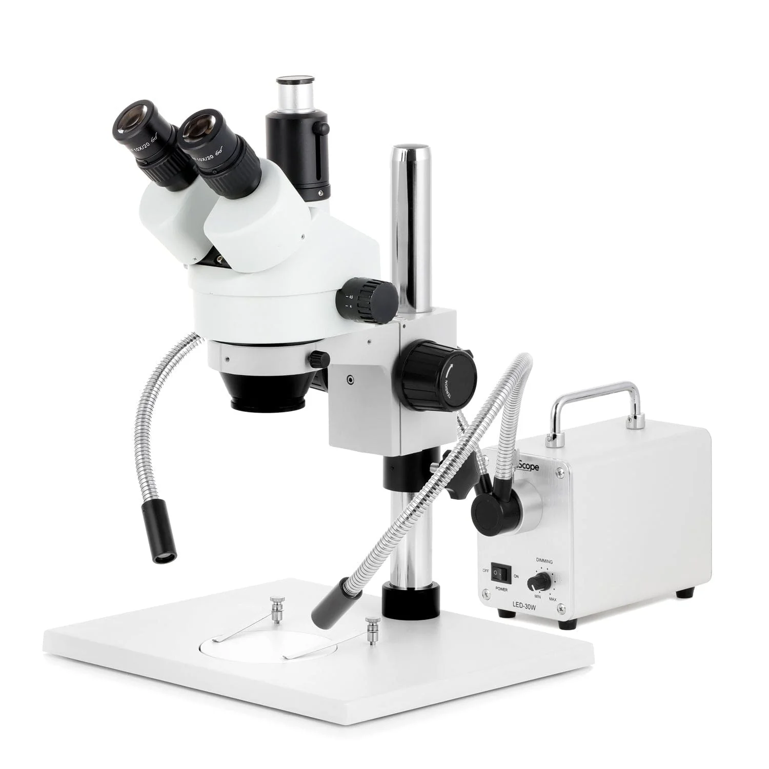 AmScope SM-1 Series Zoom Trinocular Stereo Microscope on Pillar Stand with Extra Large Base Plate w/30W LED Dual Gooseneck Fiber Optic Lights and HDMI Camera - Image 2