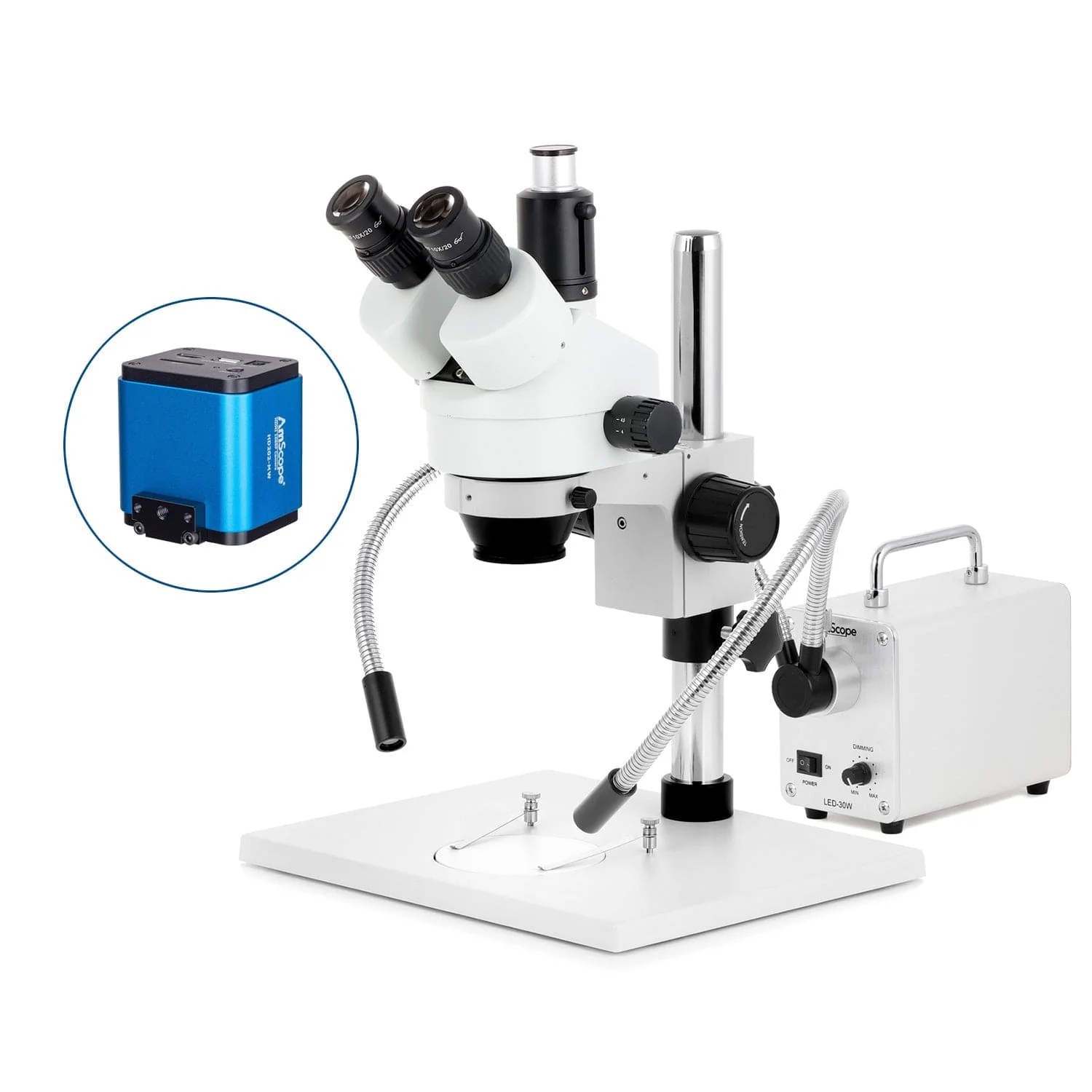 AmScope SM-1 Series Zoom Trinocular Stereo Microscope on Pillar Stand with Extra Large Base Plate w/30W LED Dual Gooseneck Fiber Optic Lights and HDMI Camera - Image 5