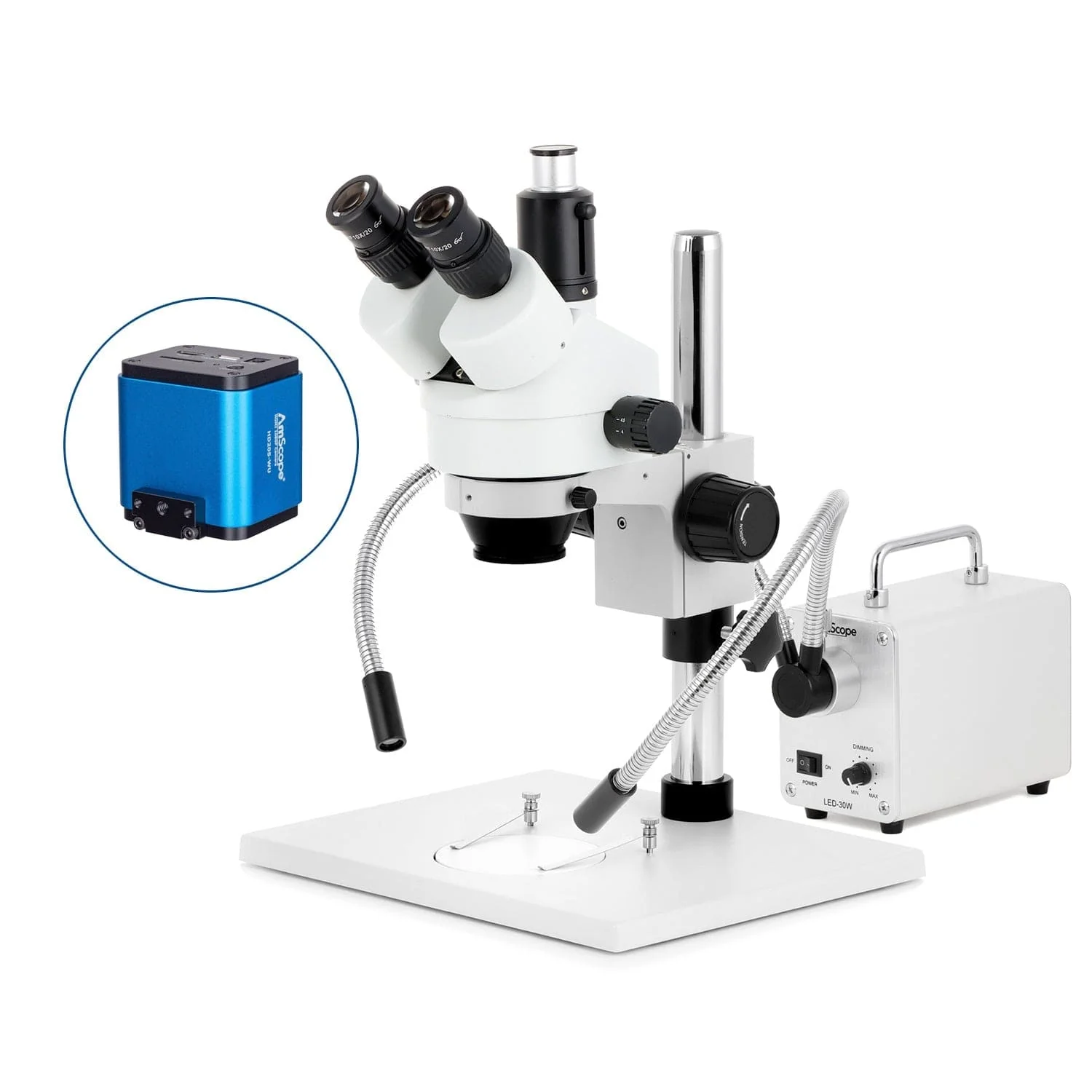 AmScope SM-1 Series Zoom Trinocular Stereo Microscope on Pillar Stand with Extra Large Base Plate w/30W LED Dual Gooseneck Fiber Optic Lights and HDMI Camera - Image 7