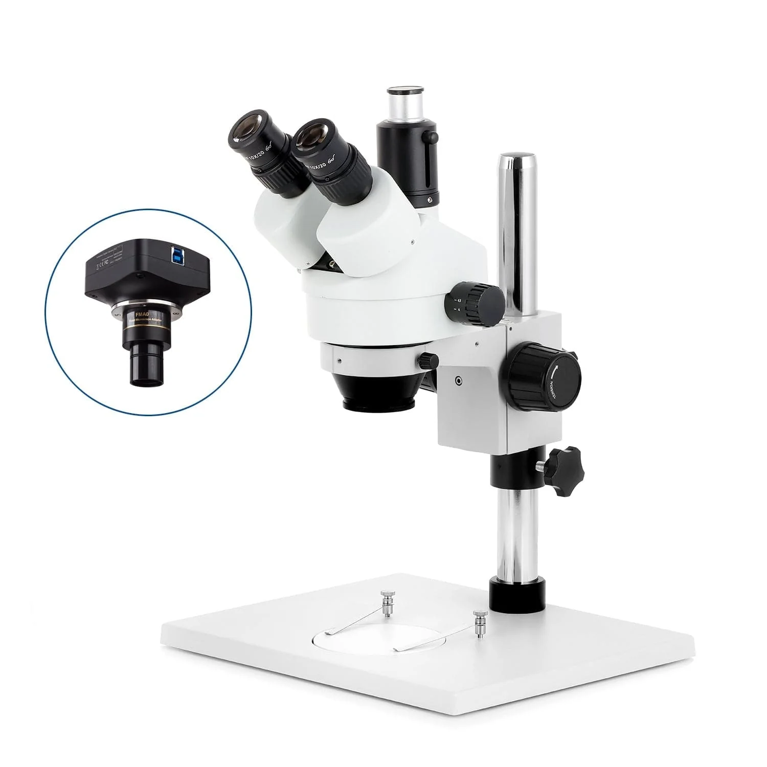AmScope SM-1 Series Zoom Trinocular Stereo Microscope on Pillar Stand with Extra Large Base Plate w/Optional Digital Camera - Image 4