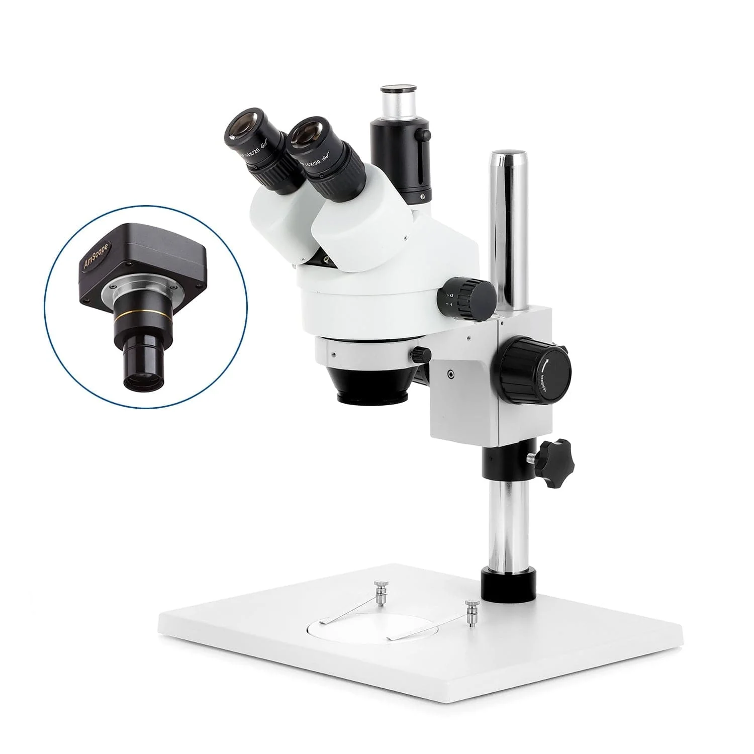 AmScope SM-1 Series Zoom Trinocular Stereo Microscope on Pillar Stand with Extra Large Base Plate w/56 LED Compact Ring Light and Optional Digital Camera - Image 2