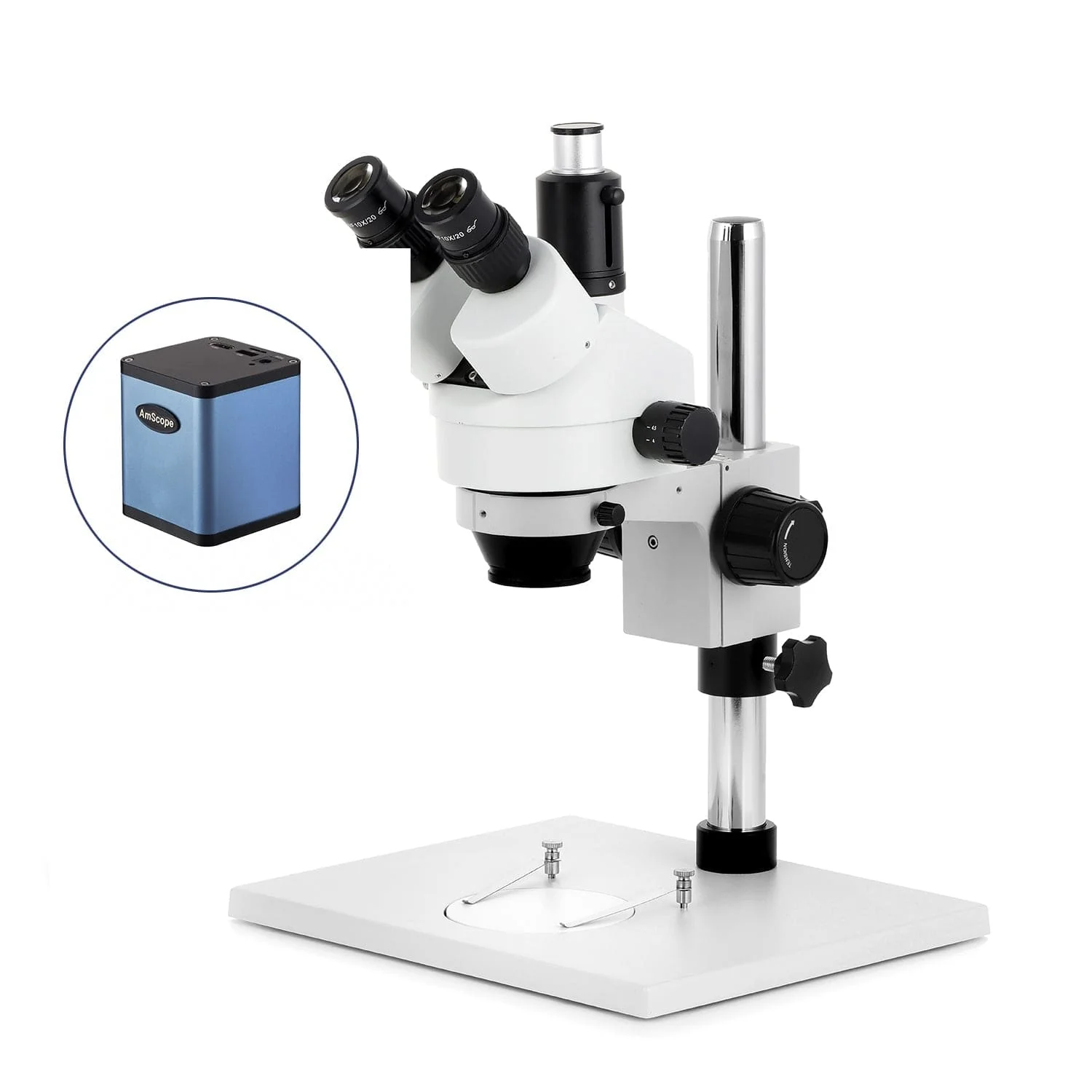 AmScope SM-1 Series Zoom Trinocular Stereo Microscope on Pillar Stand with Extra Large Base Plate w/56 LED Compact Ring Light and Auto Focus Camera - Image 3