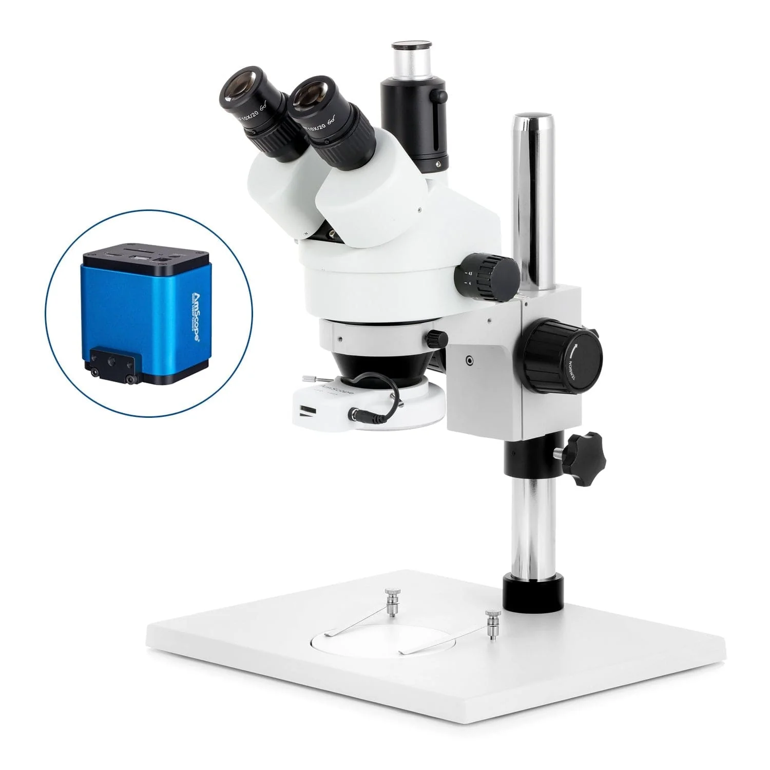 AmScope SM-1 Series Zoom Trinocular Stereo Microscope on Pillar Stand with Extra Large Base Plate w/56 LED Compact Ring Light and HDMI Camera - Image 2