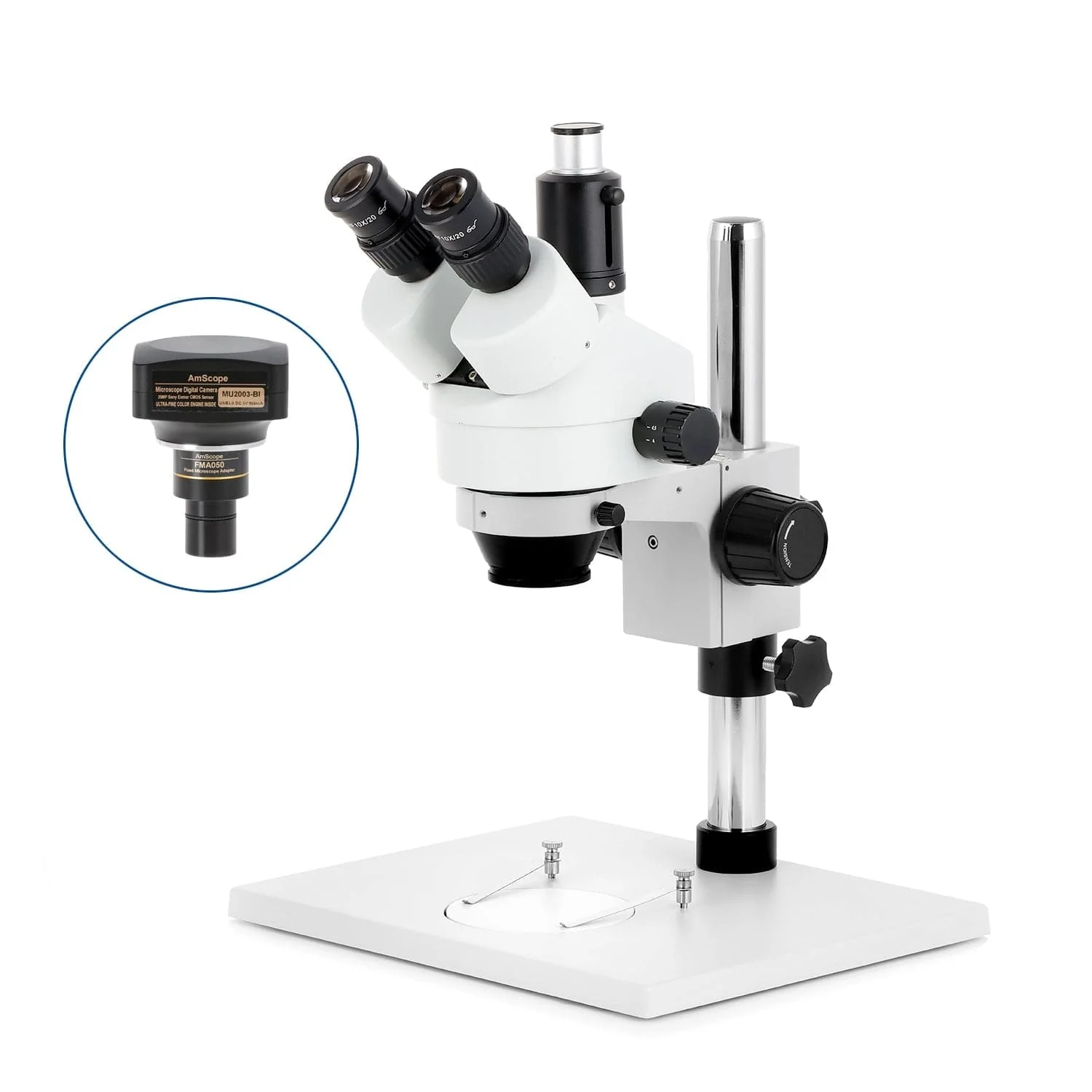 AmScope SM-1 Series Zoom Trinocular Stereo Microscope on Pillar Stand with Extra Large Base Plate w/Optional Digital Camera - Image 6