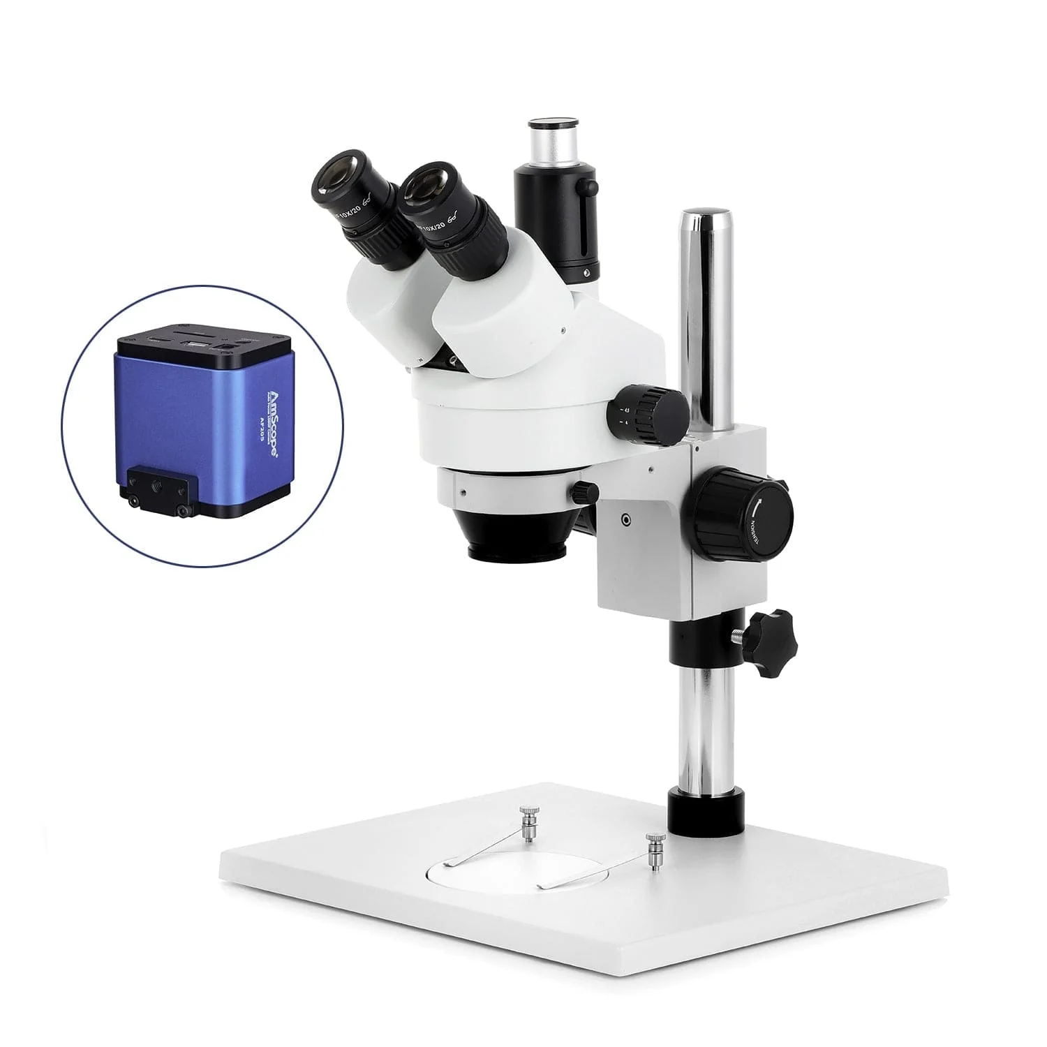 AmScope SM-1 Series Zoom Trinocular Stereo Microscope on Pillar Stand with Extra Large Base Plate w/64 LED Compact Ring Light and Auto Focus Camera - Image 7