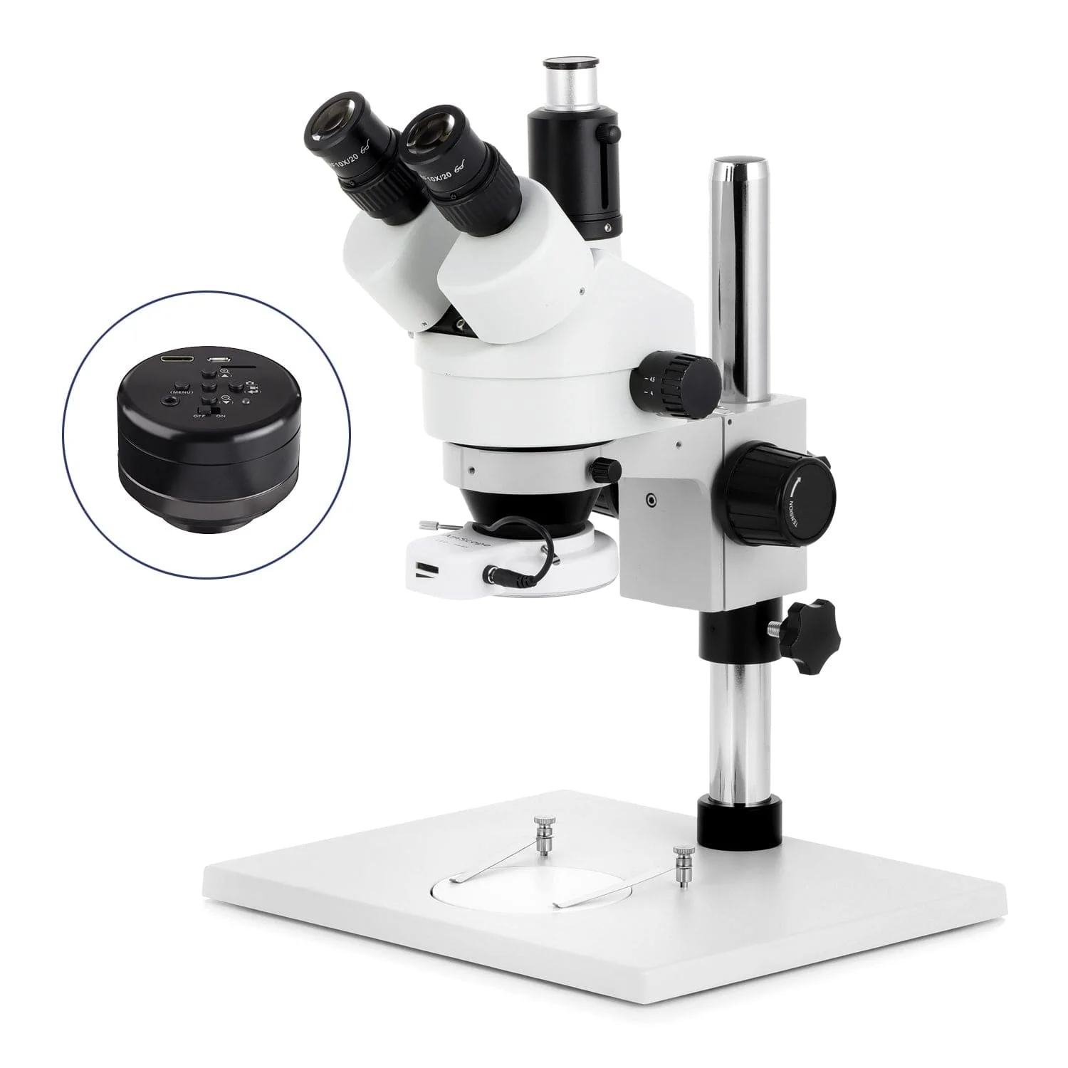AmScope SM-1 Series Zoom Trinocular Stereo Microscope on Pillar Stand with Extra Large Base Plate w/64 LED Compact Ring Light and HD Recording Camera - Image 2