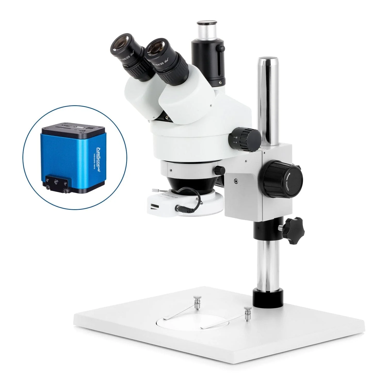 AmScope SM-1 Series Zoom Trinocular Stereo Microscope on Pillar Stand with Extra Large Base Plate w/64 LED Compact Ring Light and HDMI Camera - Image 6