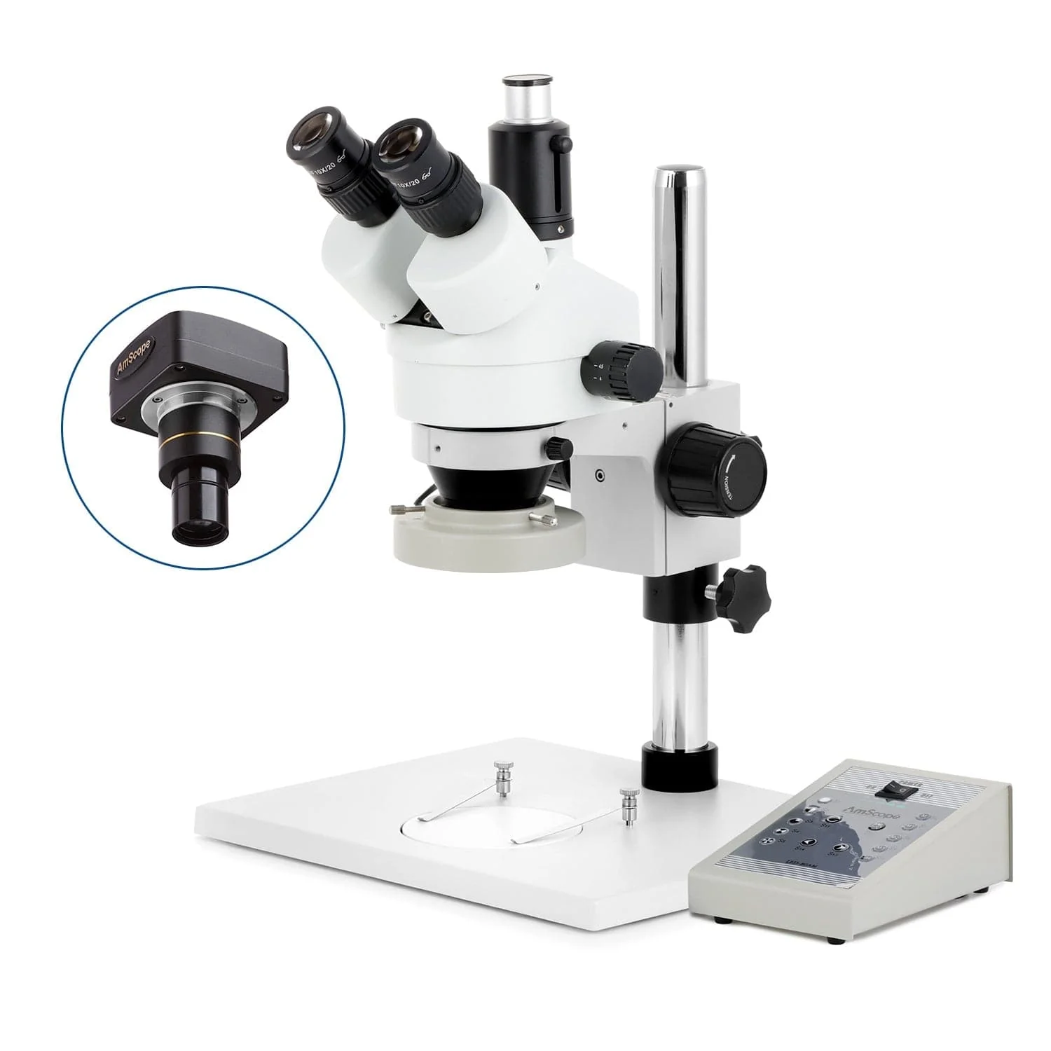 AmScope SM-1 Series Zoom Trinocular Stereo Microscope on Pillar Stand with Extra Large Base Plate w/80 LED Direction Variable Ring Light and Optional Digital Camera - Image 2