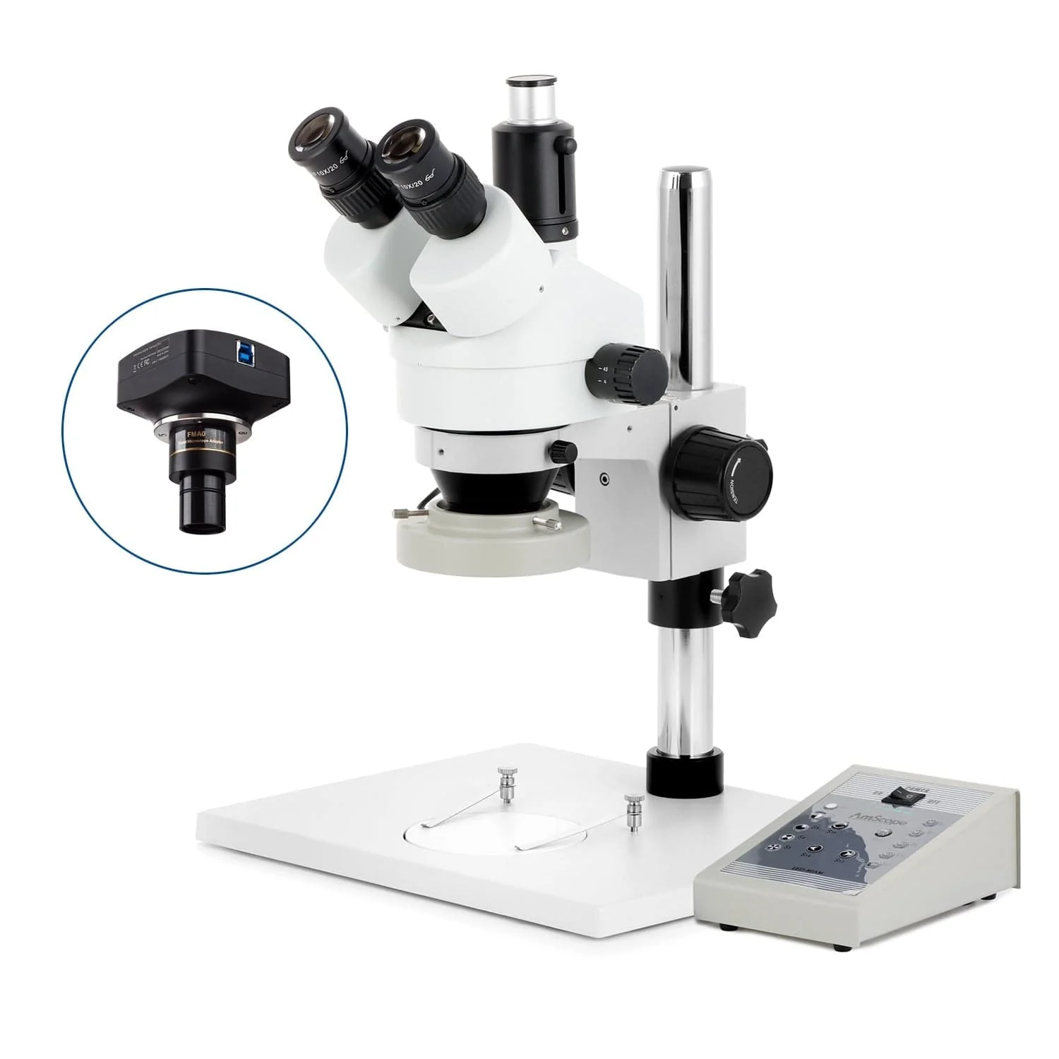 AmScope SM-1 Series Zoom Trinocular Stereo Microscope on Pillar Stand with Extra Large Base Plate w/80 LED Direction Variable Ring Light and Optional Digital Camera - Image 4
