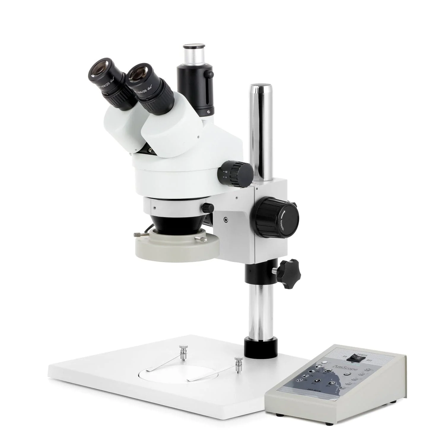 AmScope SM-1 Series Zoom Trinocular Stereo Microscope on Pillar Stand with Extra Large Base Plate w/80 LED Direction Variable Ring Light and HDMI Camera - Image 2