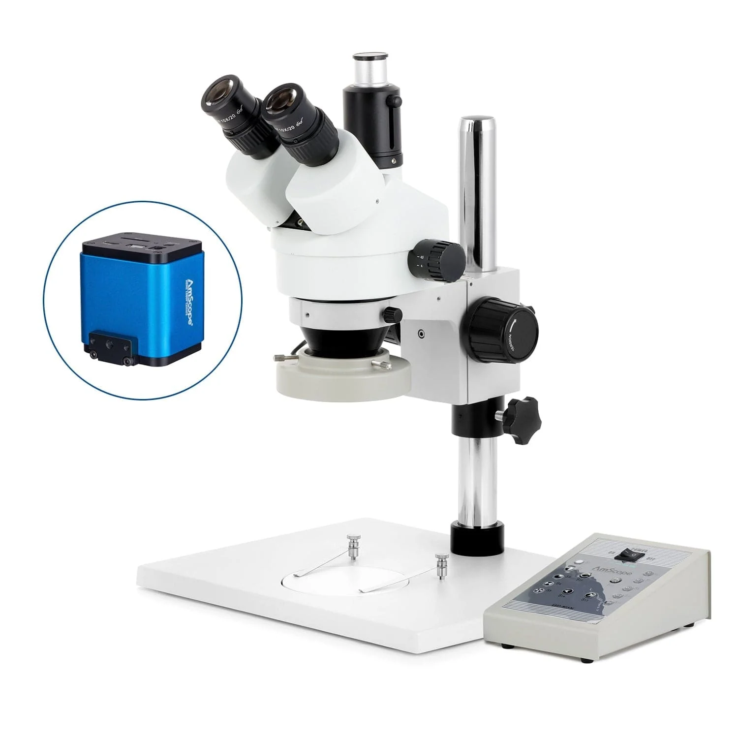 AmScope SM-1 Series Zoom Trinocular Stereo Microscope on Pillar Stand with Extra Large Base Plate w/80 LED Direction Variable Ring Light and HDMI Camera - Image 3