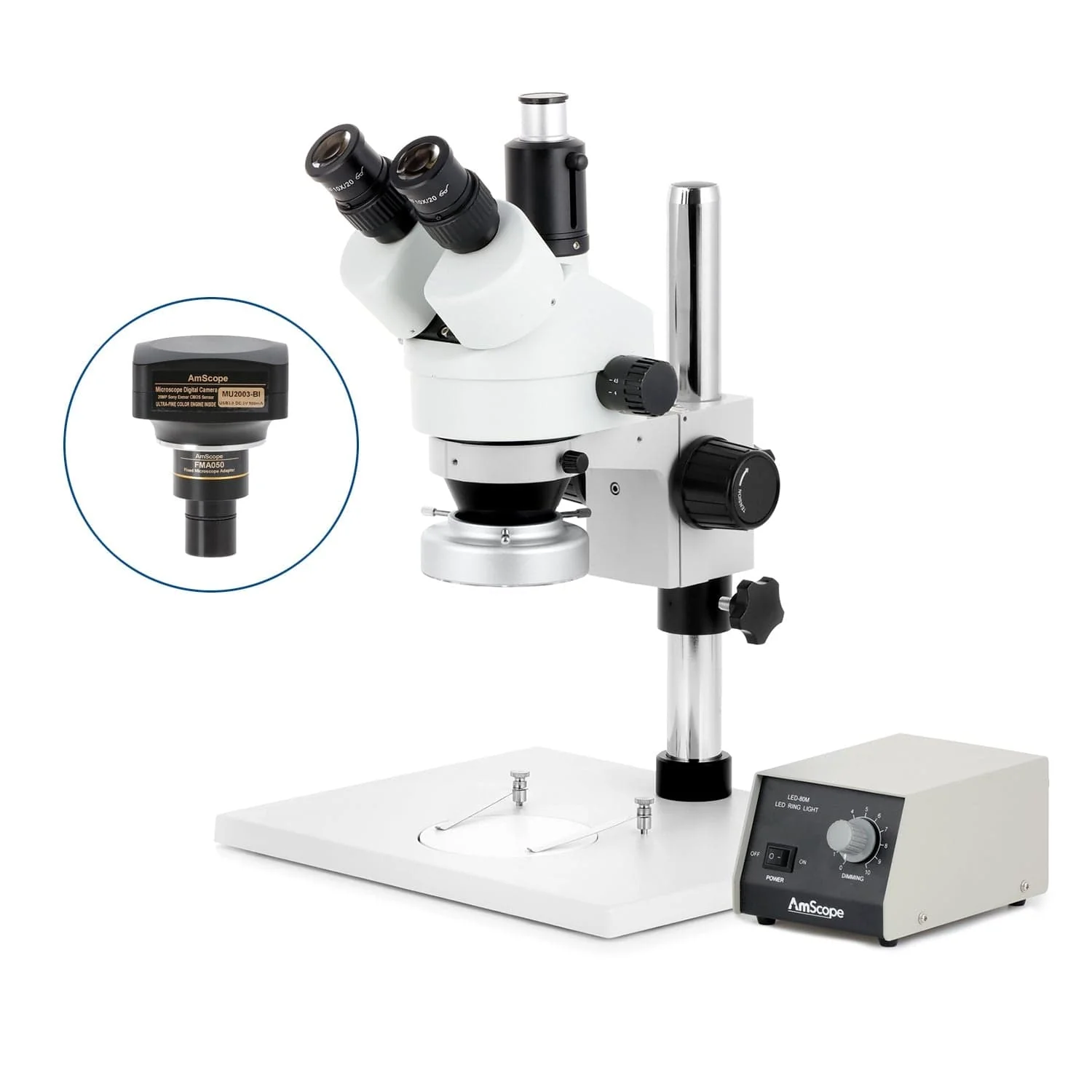 AmScope SM-1 Series Zoom Trinocular Stereo Microscope on Pillar Stand with Extra Large Base Plate w/Heavy Duty 80 LED Ring Light and Optional Digital Camera - Image 6