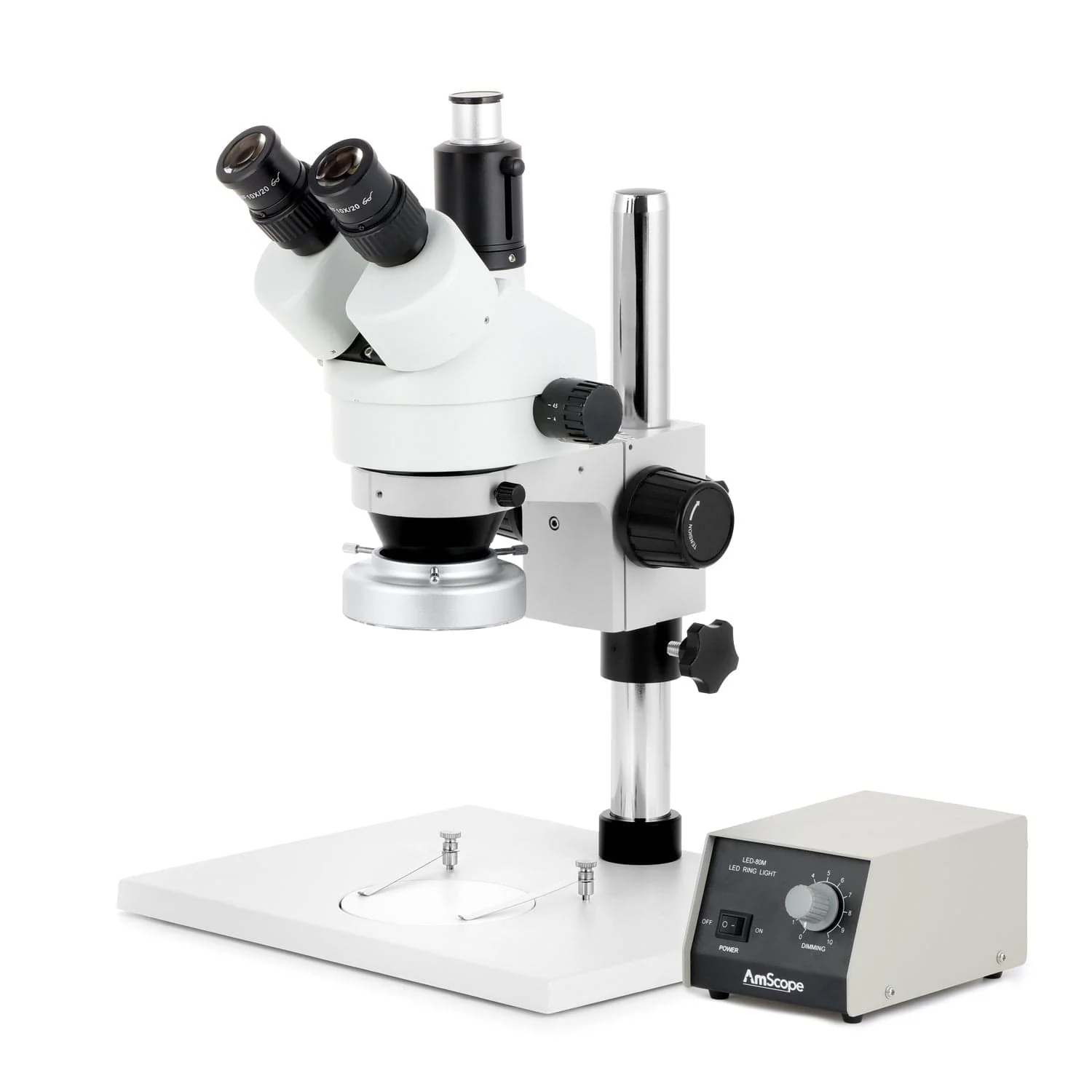AmScope SM-1 Series Zoom Trinocular Stereo Microscope on Pillar Stand with Extra Large Base Plate w/Heavy Duty 80 LED Ring Light and Auto Focus Camera - Image 2