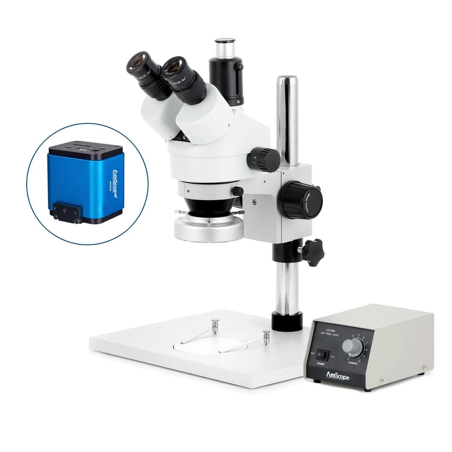 AmScope SM-1 Series Zoom Trinocular Stereo Microscope on Pillar Stand with Extra Large Base Plate w/Heavy Duty 80 LED Ring Light and Auto Focus Camera - Image 5