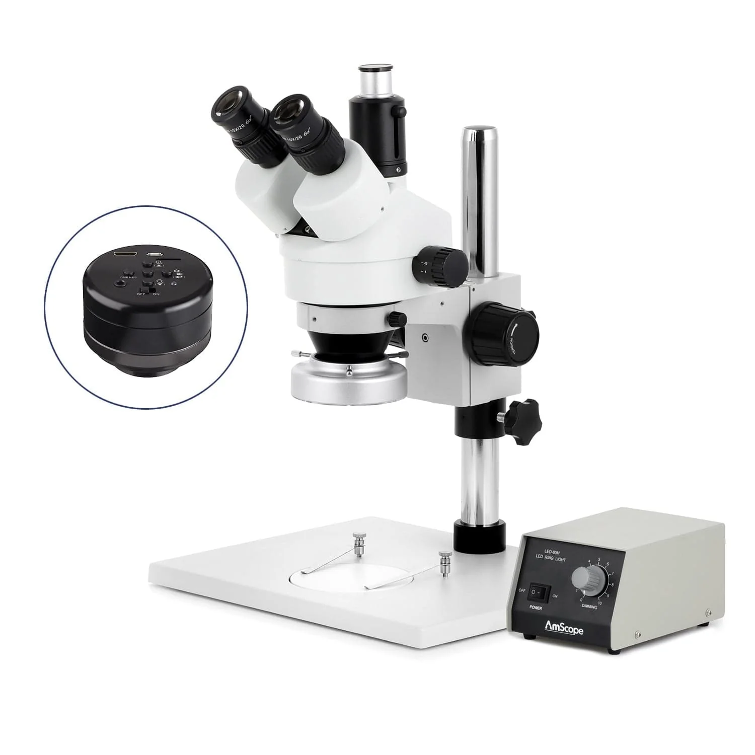 AmScope SM-1 Series Zoom Trinocular Stereo Microscope on Pillar Stand with Extra Large Base Plate w/Heavy Duty 80 LED Ring Light and HD Recording Camera - Image 2