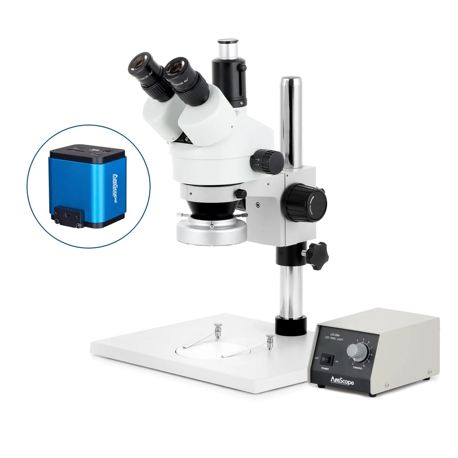 AmScope SM-1 Series Zoom Trinocular Stereo Microscope on Pillar Stand with Extra Large Base Plate w/Heavy Duty 80 LED Ring Light and HDMI Camera - Image 9