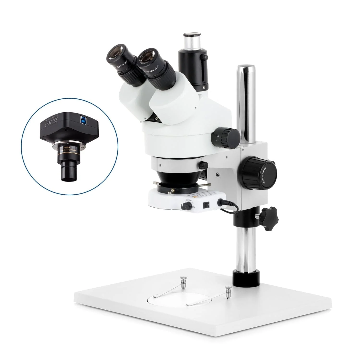 AmScope SM-1 Series Zoom Trinocular Stereo Microscope on Pillar Stand with Extra Large Base Plate w/80 LED Compact Ring Light and Optional Digital Camera - Image 4