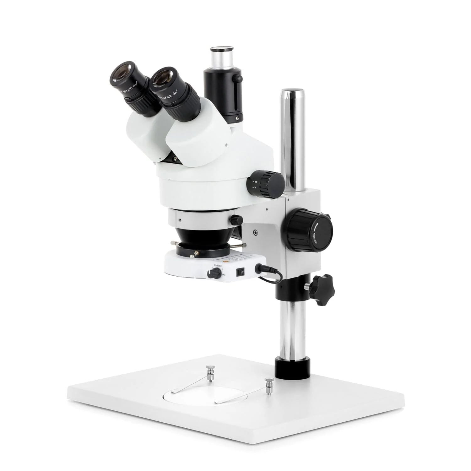 AmScope SM-1 Series Zoom Trinocular Stereo Microscope on Pillar Stand with Extra Large Base Plate w/150W Halogen Dual Fiber Gooseneck Lights and HD Recording Camera - Image 2