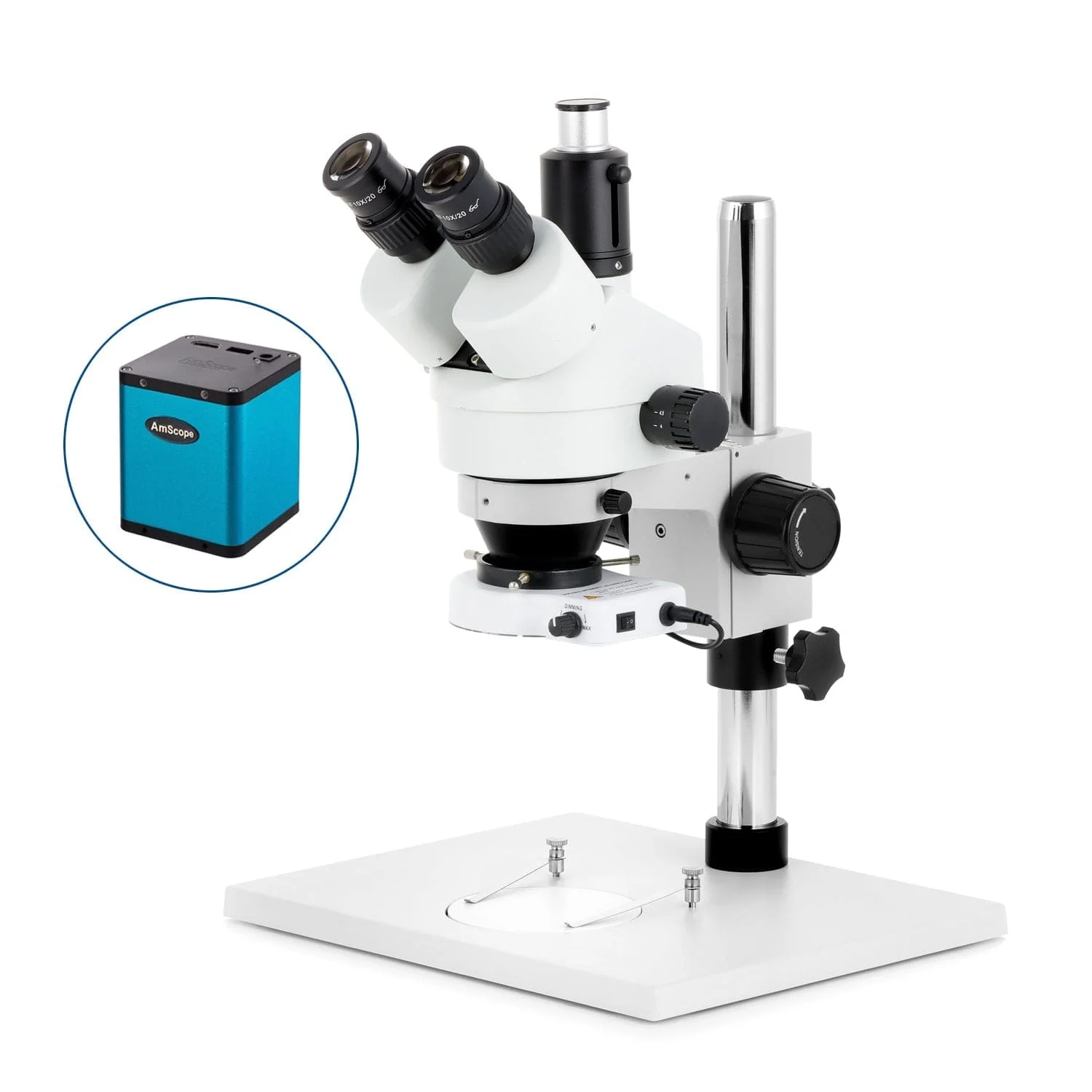 AmScope SM-1 Series Zoom Trinocular Stereo Microscope on Pillar Stand with Extra Large Base Plate w/150W Halogen Dual Fiber Gooseneck Lights and HD Recording Camera - Image 3