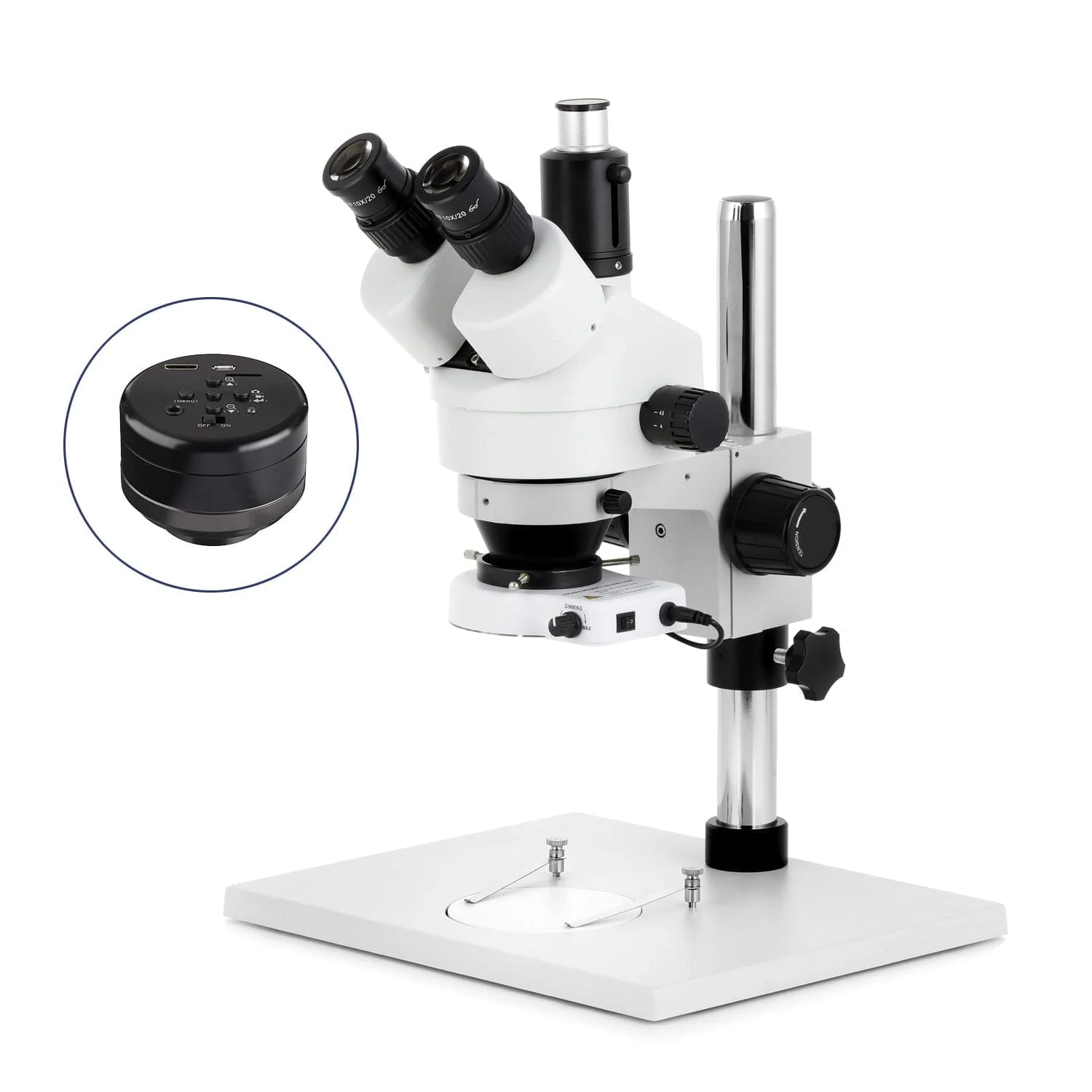 AmScope SM-1 Series Zoom Trinocular Stereo Microscope on Pillar Stand with Extra Large Base Plate w/80 LED Compact Ring Light and HD Recording Camera - Image 2