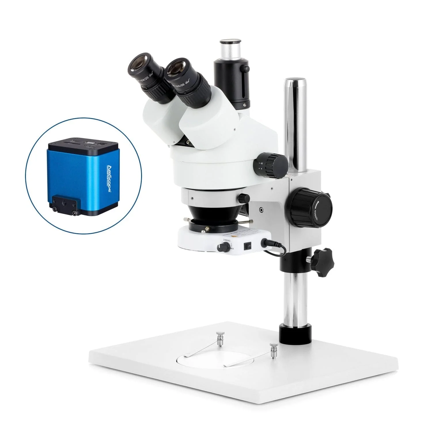 AmScope SM-1 Series Zoom Trinocular Stereo Microscope on Pillar Stand with Extra Large Base Plate w/80 LED Compact Ring Light and HDMI Camera - Image 9