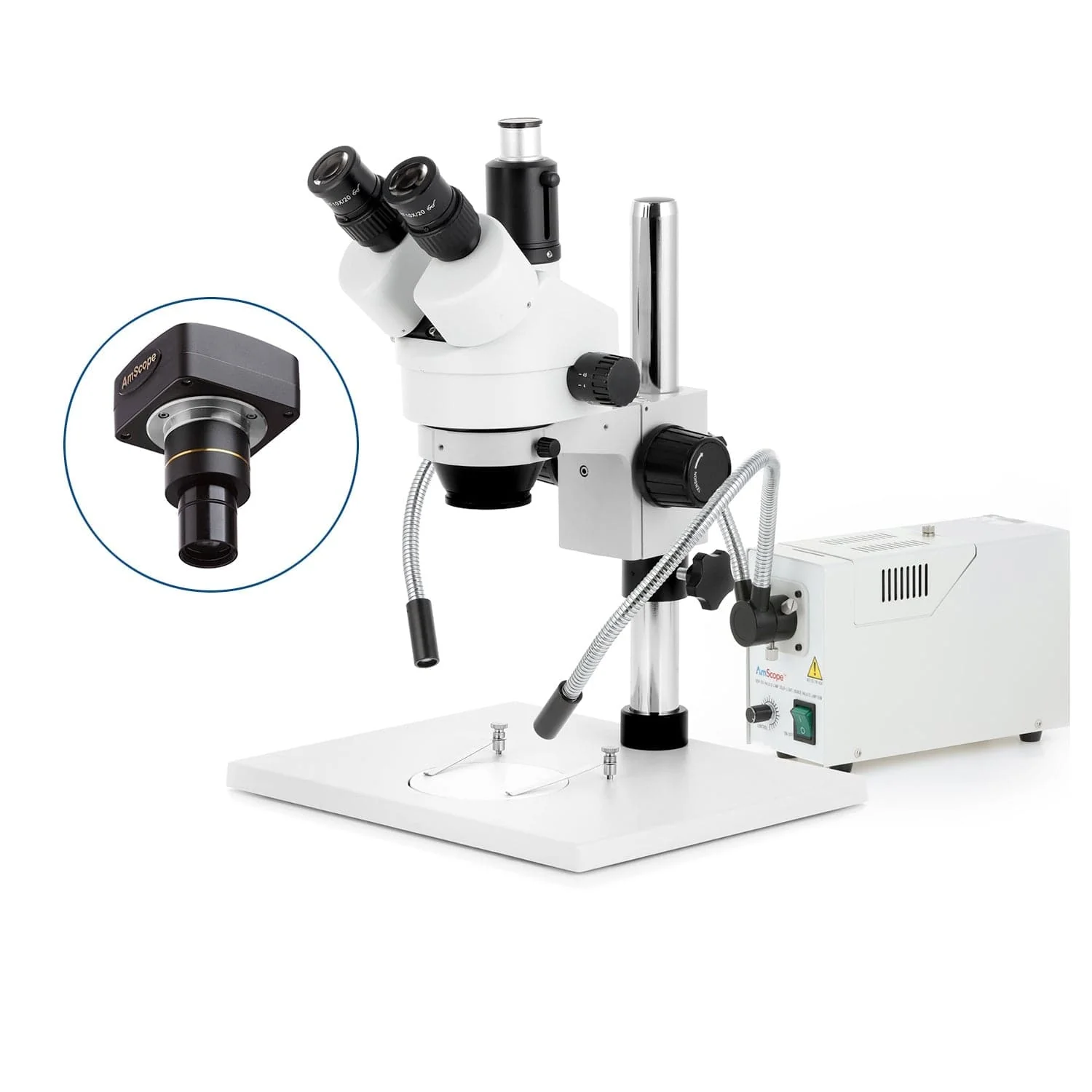 AmScope SM-1 Series Zoom Trinocular Stereo Microscope on Pillar Stand with Extra Large Base Plate w/150W Halogen Dual Fiber Gooseneck Lights and Optional Digital Camera - Image 2