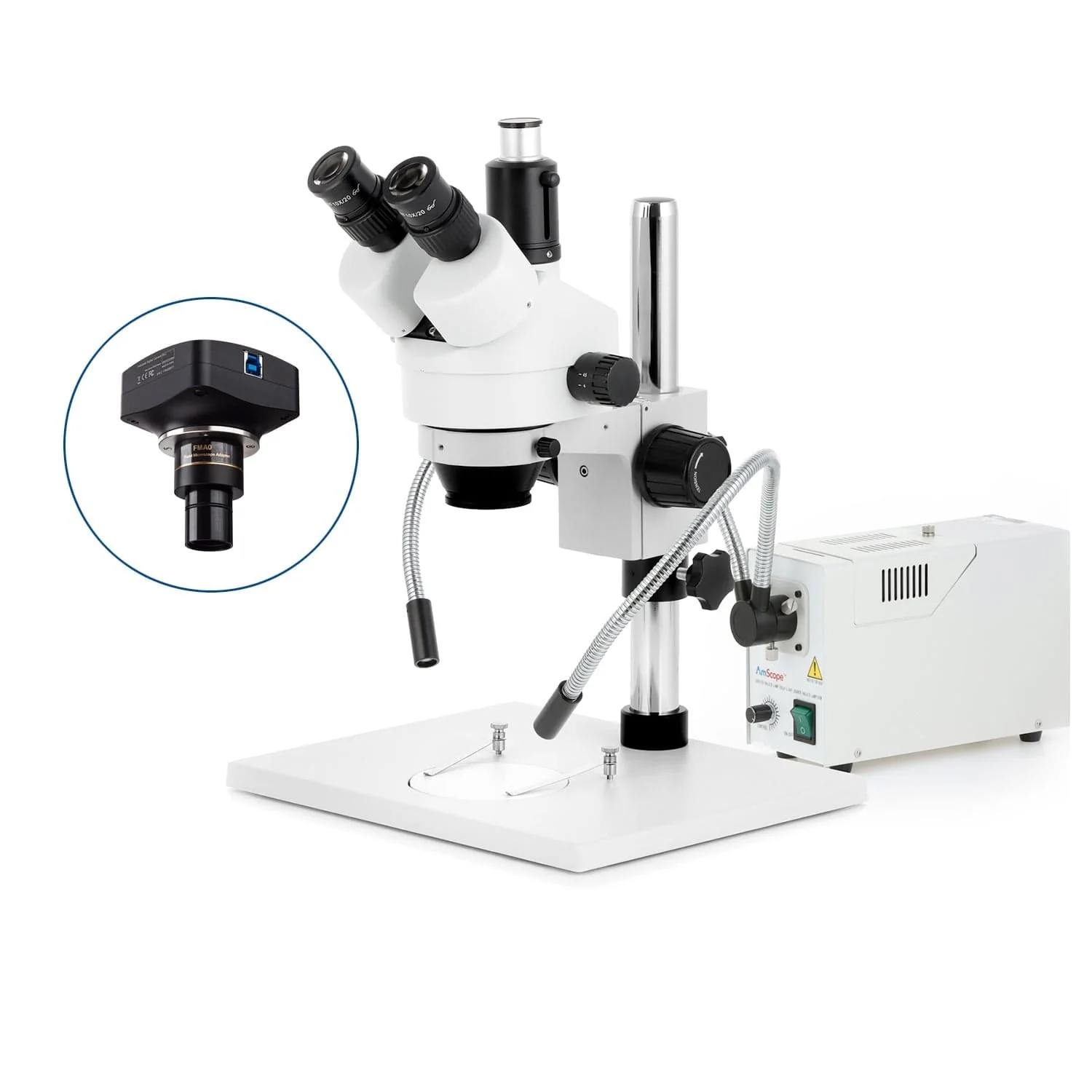 AmScope SM-1 Series Zoom Trinocular Stereo Microscope on Pillar Stand with Extra Large Base Plate w/150W Halogen Dual Fiber Gooseneck Lights and Optional Digital Camera - Image 4