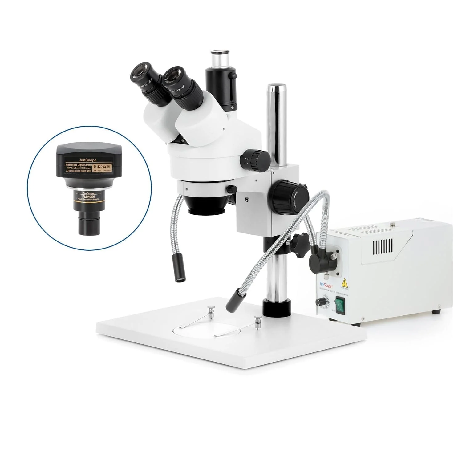 AmScope SM-1 Series Zoom Trinocular Stereo Microscope on Pillar Stand with Extra Large Base Plate w/150W Halogen Dual Fiber Gooseneck Lights and Optional Digital Camera - Image 6