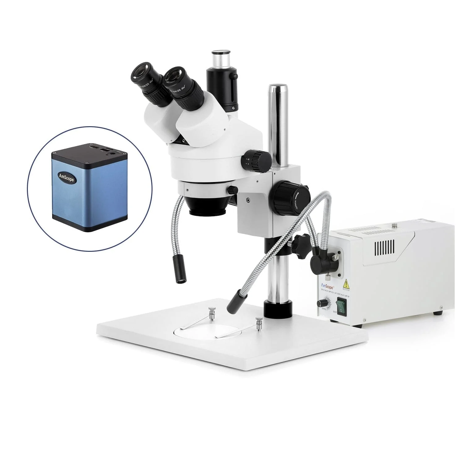 AmScope SM-1 Series Zoom Trinocular Stereo Microscope on Pillar Stand with Extra Large Base Plate w/150W Halogen Dual Fiber Gooseneck Lights and Auto Focus Camera - Image 3