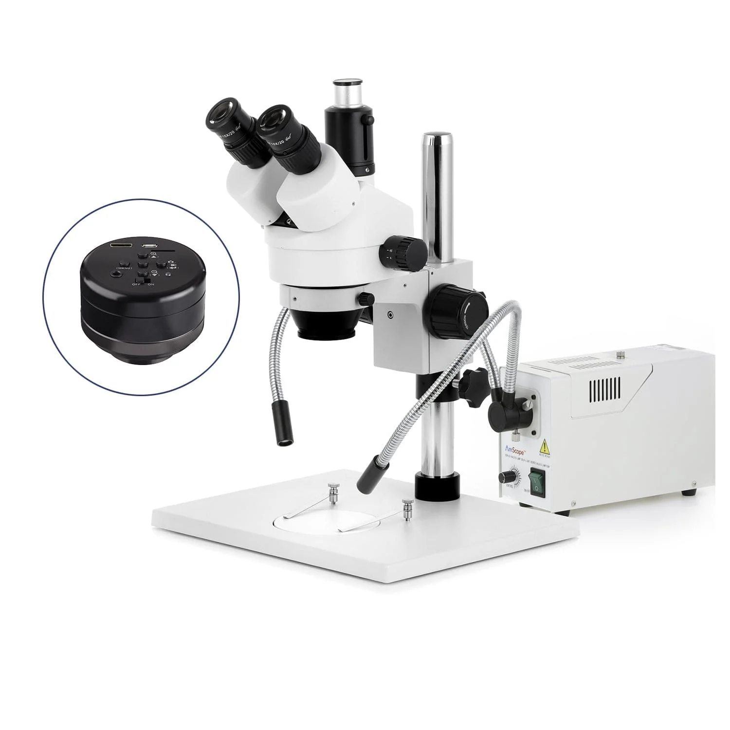 AmScope SM-1 Series Zoom Trinocular Stereo Microscope on Pillar Stand with Extra Large Base Plate w/150W Halogen Dual Fiber Gooseneck Lights and HD Recording Camera - Image 2