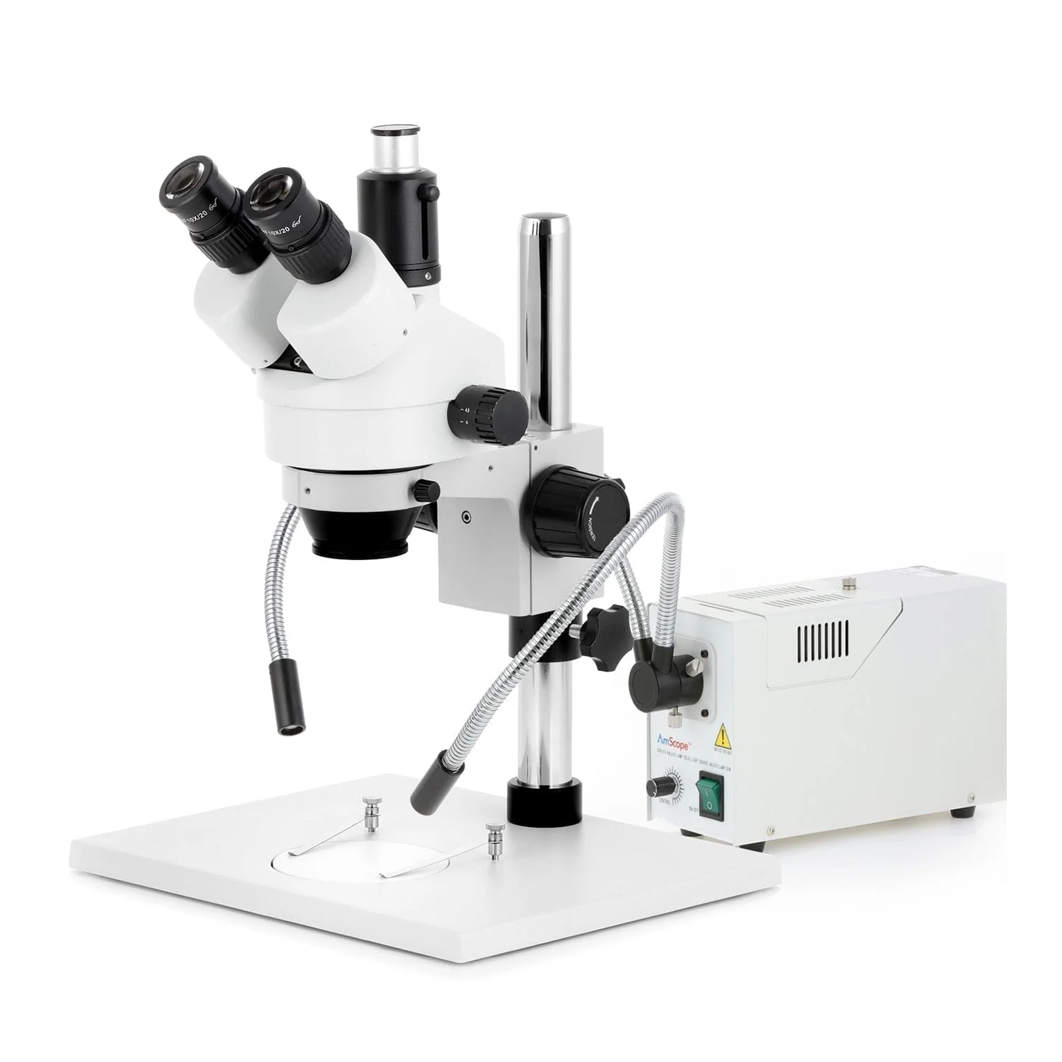 AmScope SM-1 Series Zoom Trinocular Stereo Microscope on Pillar Stand with Extra Large Base Plate w/150W Halogen Dual Fiber Gooseneck Lights and HDMI Camera - Image 2