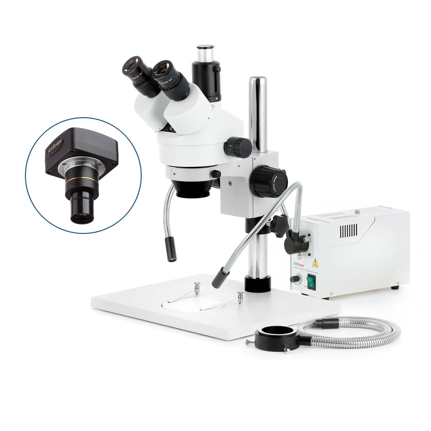 AmScope SM-1 Series Zoom Trinocular Stereo Microscope on Pillar Stand with Extra Large Base Plate w/150W Halogen Dual Gooseneck & Ring Lights and Optional Digital Camera - Image 2