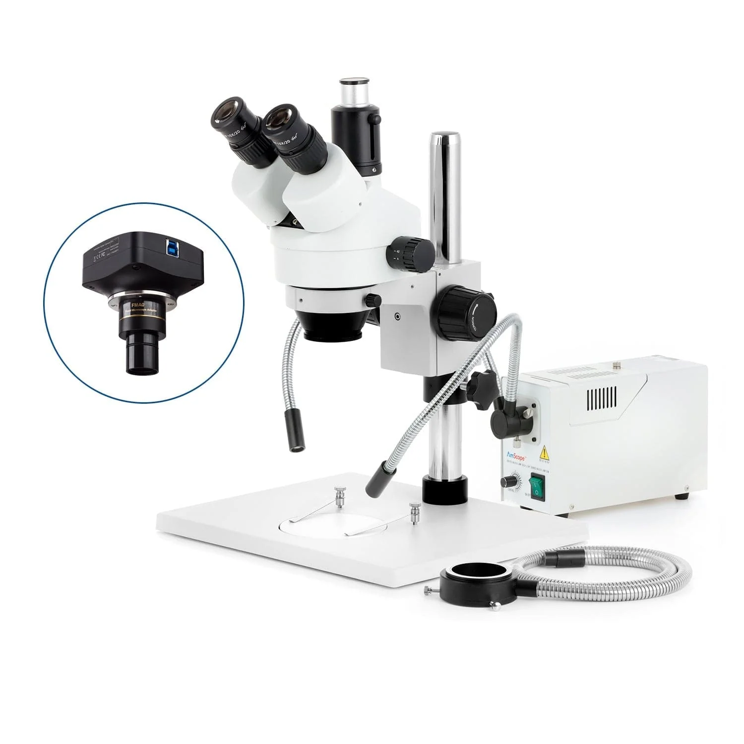 AmScope SM-1 Series Zoom Trinocular Stereo Microscope on Pillar Stand with Extra Large Base Plate w/150W Halogen Dual Gooseneck & Ring Lights and Optional Digital Camera - Image 4