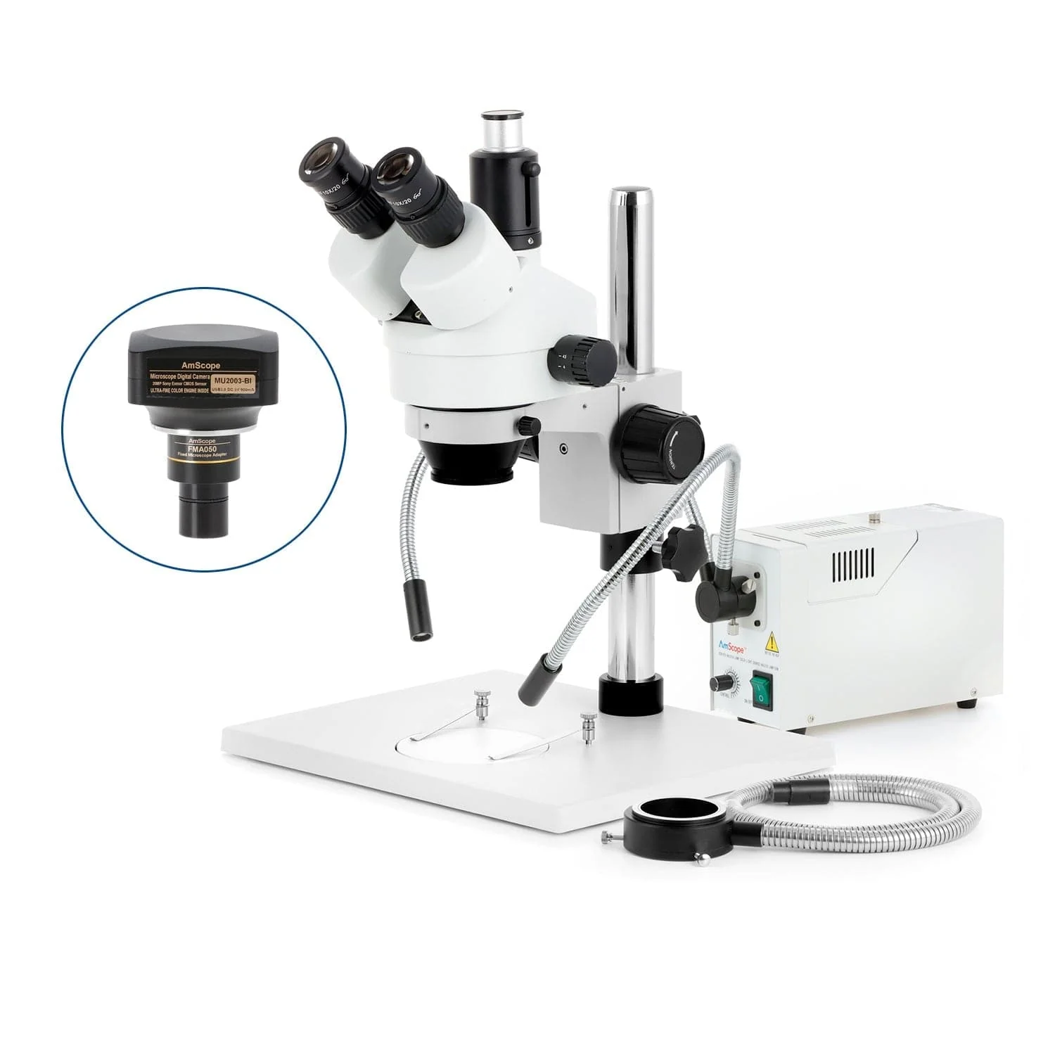 AmScope SM-1 Series Zoom Trinocular Stereo Microscope on Pillar Stand with Extra Large Base Plate w/150W Halogen Dual Gooseneck & Ring Lights and Optional Digital Camera - Image 6