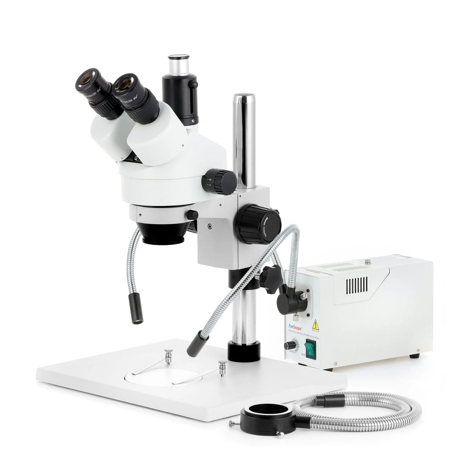AmScope SM-1 Series Zoom Trinocular Stereo Microscope on Pillar Stand with Extra Large Base Plate w/150W Halogen Dual Gooseneck & Ring Lights and Auto Focus Camera - Image 2