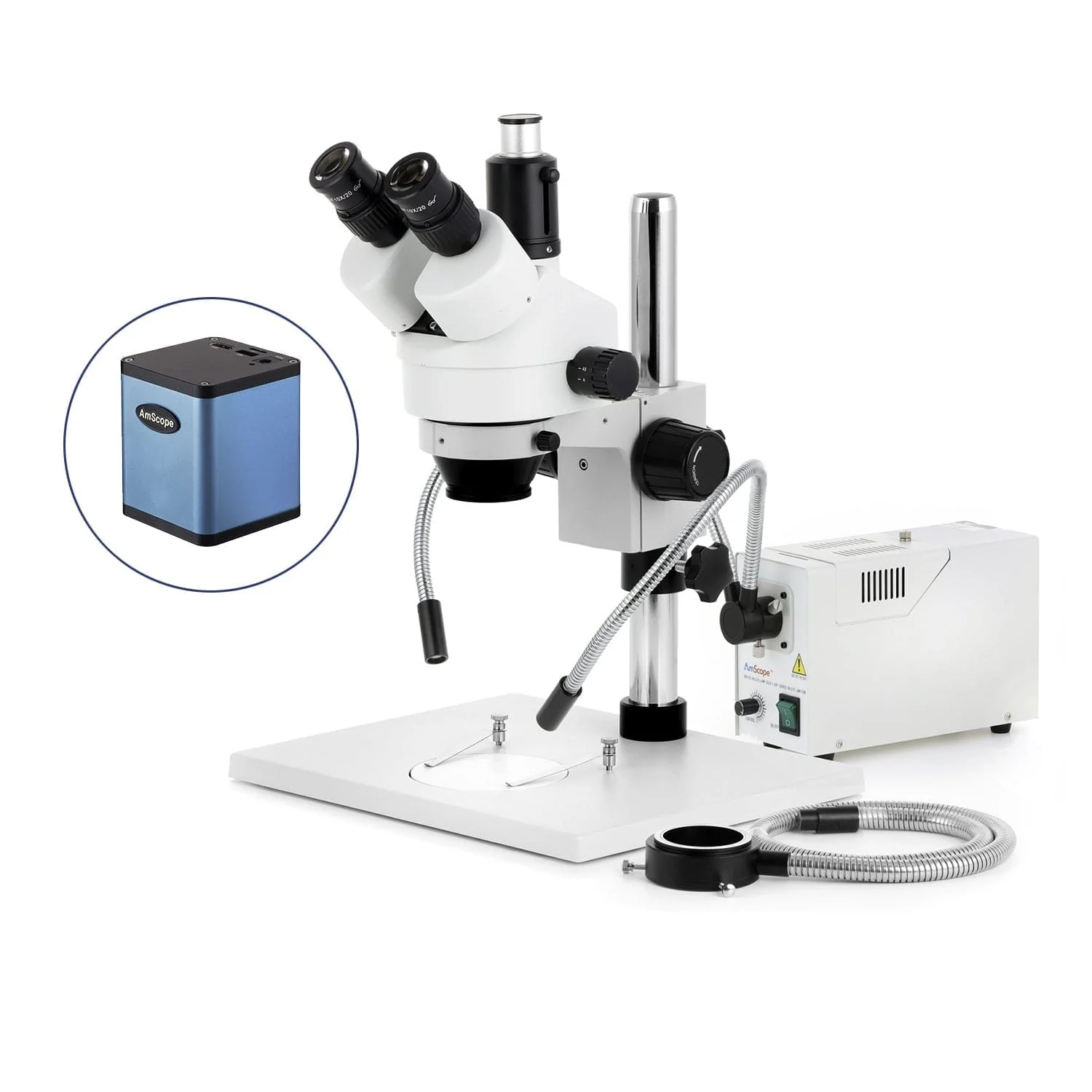 AmScope SM-1 Series Zoom Trinocular Stereo Microscope on Pillar Stand with Extra Large Base Plate w/150W Halogen Dual Gooseneck & Ring Lights and Auto Focus Camera - Image 3