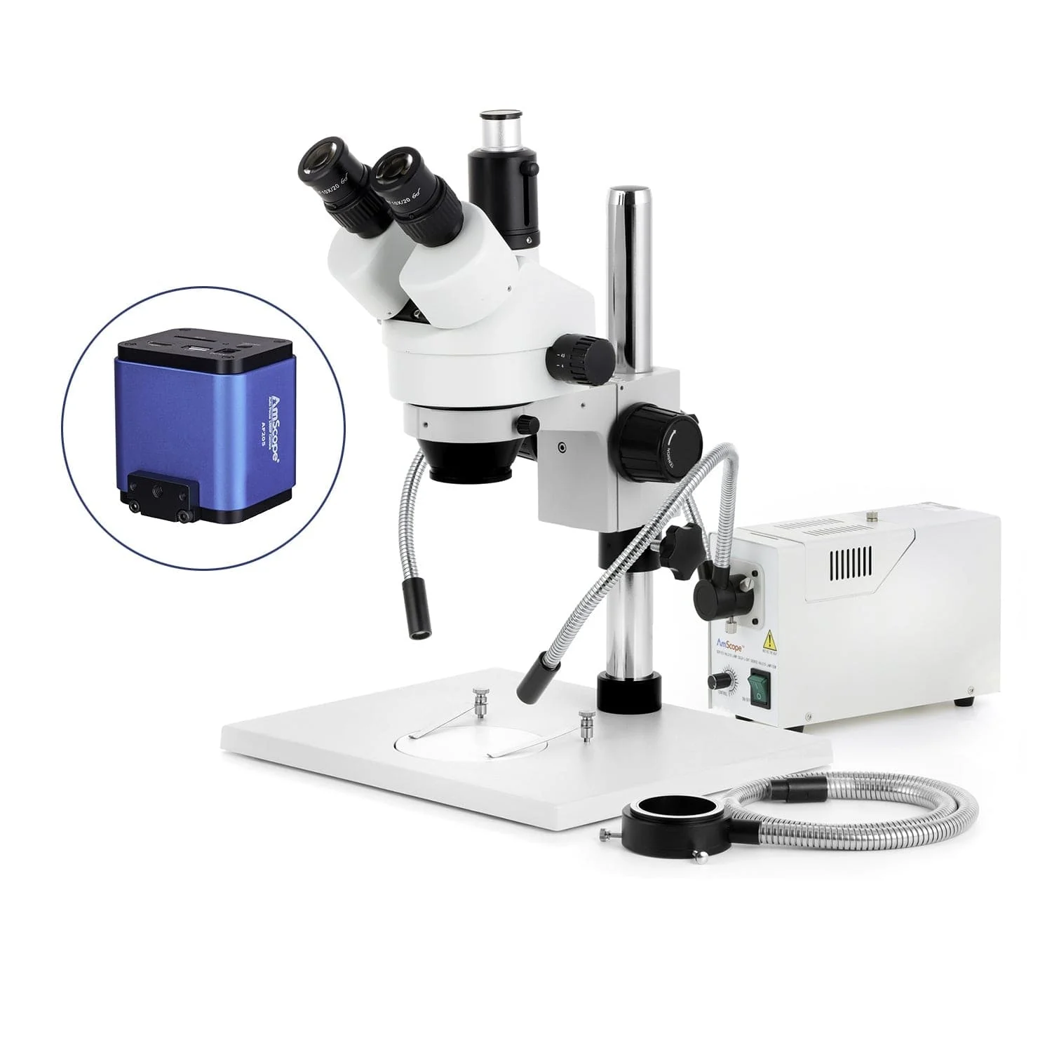 AmScope SM-1 Series Zoom Trinocular Stereo Microscope on Pillar Stand with Extra Large Base Plate w/150W Halogen Dual Gooseneck & Ring Lights and Auto Focus Camera - Image 7