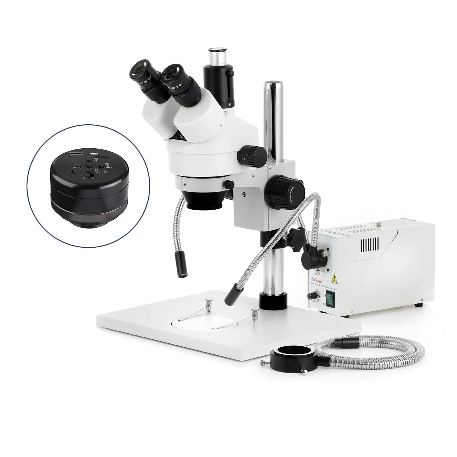 AmScope SM-1 Series Zoom Trinocular Stereo Microscope on Pillar Stand with Extra Large Base Plate w/150W Halogen Dual Fiber Gooseneck Lights and HD Recording Camera - Image 2