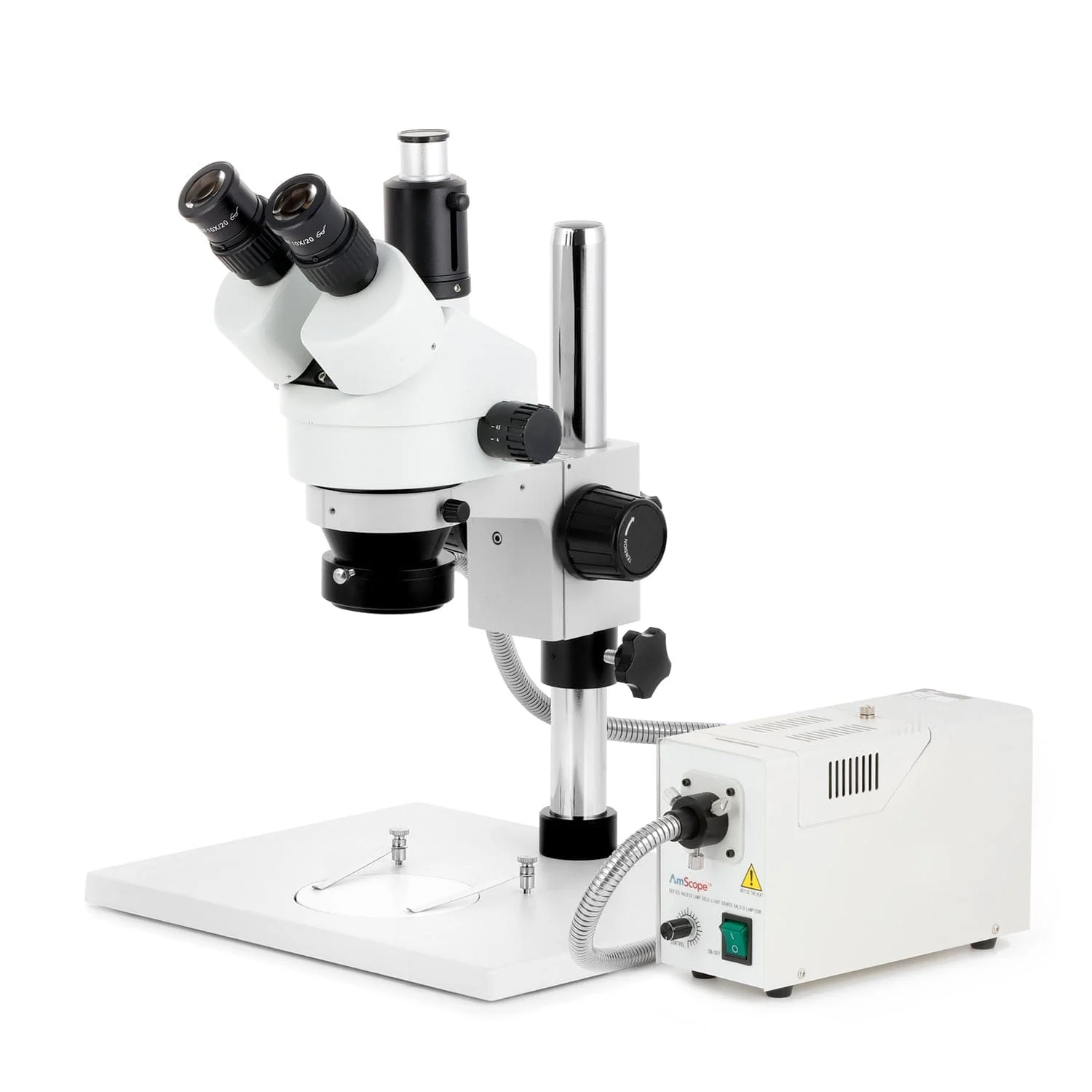 AmScope SM-1 Series Zoom Trinocular Stereo Microscope on Pillar Stand with Extra Large Base Plate w/150W Halogen Ring Light and Optional Digital Camera