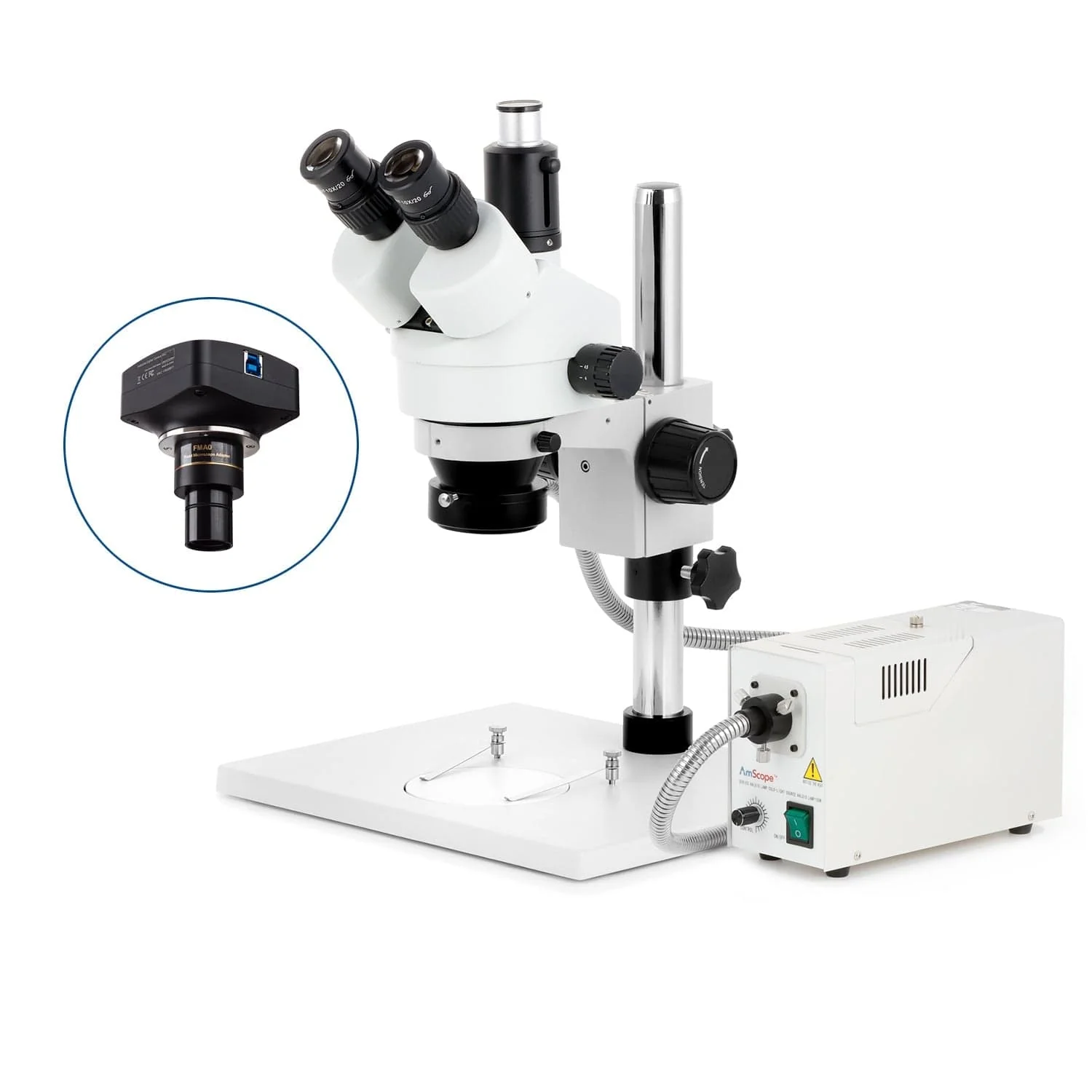 AmScope SM-1 Series Zoom Trinocular Stereo Microscope on Pillar Stand with Extra Large Base Plate w/150W Halogen Ring Light and Optional Digital Camera - Image 4