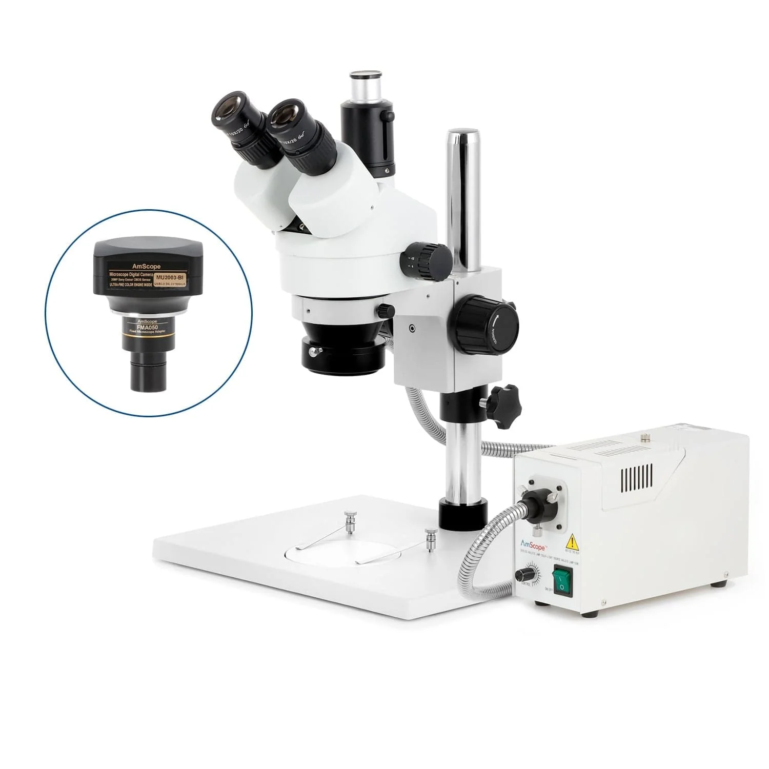AmScope SM-1 Series Zoom Trinocular Stereo Microscope on Pillar Stand with Extra Large Base Plate w/150W Halogen Ring Light and Optional Digital Camera - Image 6
