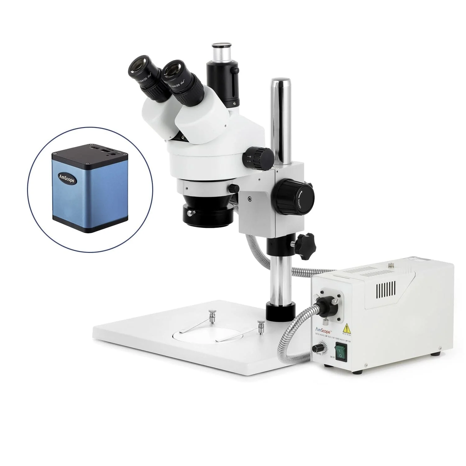AmScope SM-1 Series Zoom Trinocular Stereo Microscope on Pillar Stand with Extra Large Base Plate w/Multi-Zone 144 LED and HD Recording Camera - Image 3