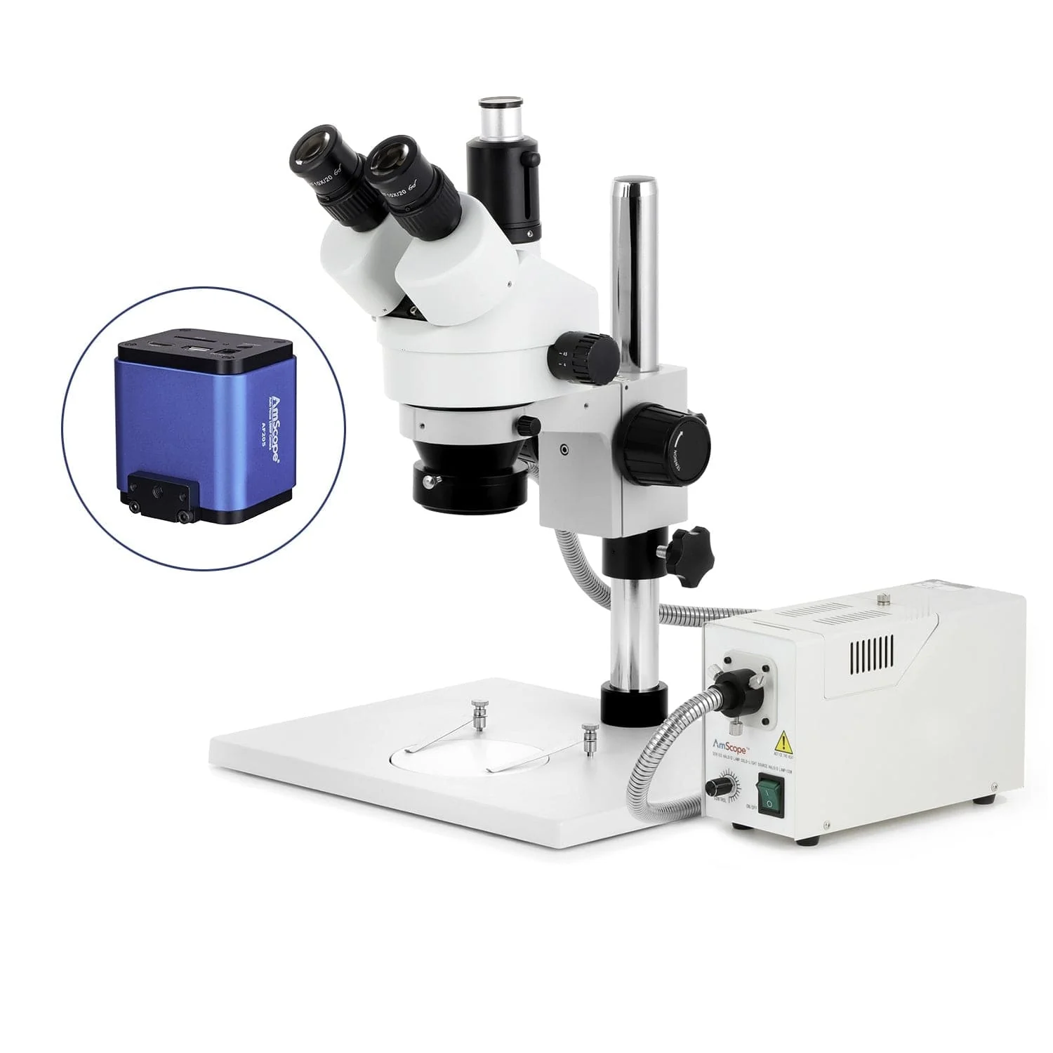 AmScope SM-1 Series Zoom Trinocular Stereo Microscope on Pillar Stand with Extra Large Base Plate w/Multi-Zone 144 LED and HD Recording Camera - Image 7