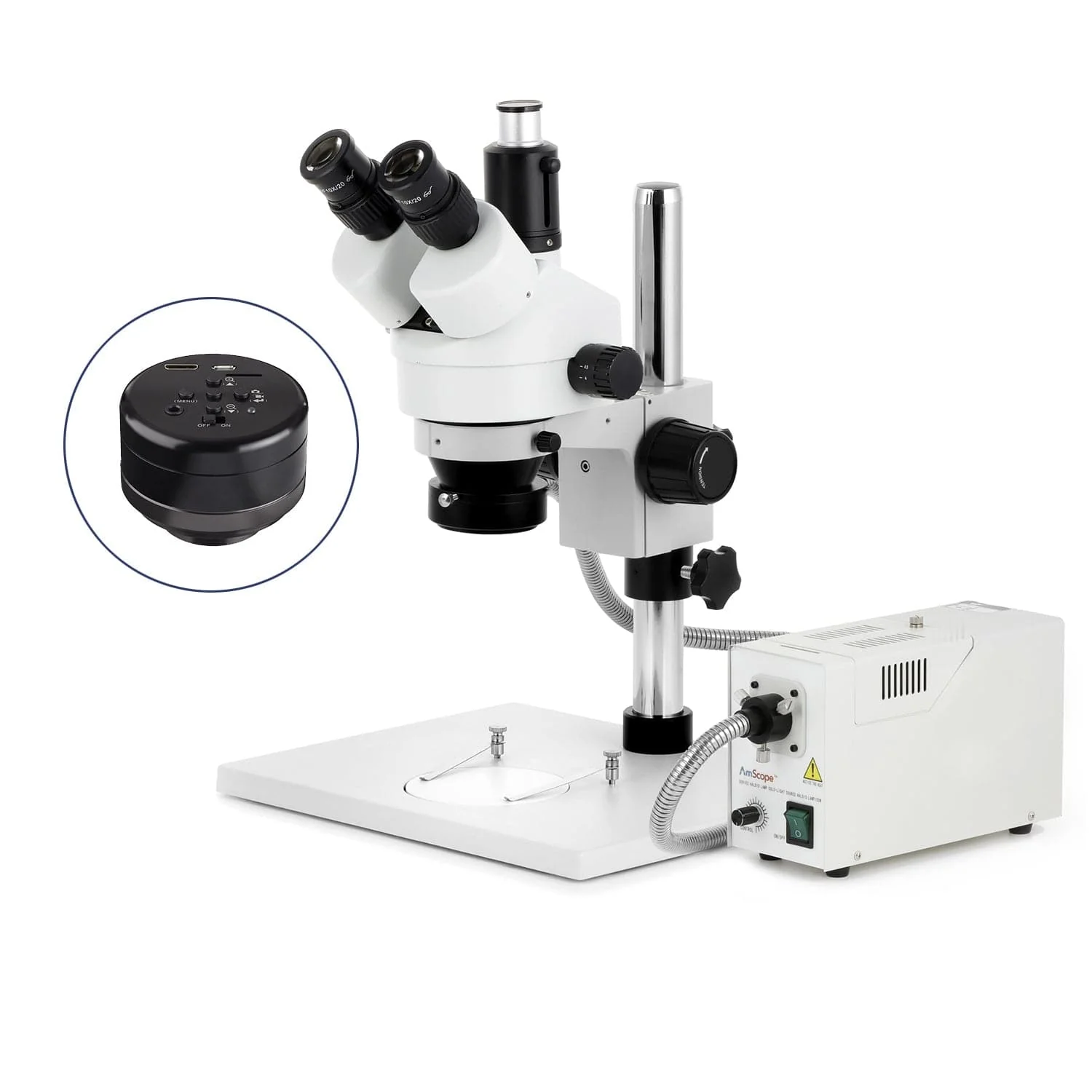 AmScope SM-1 Series Zoom Trinocular Stereo Microscope on Pillar Stand with Extra Large Base Plate w/150W Halogen Ring Light and HD Recording Camera - Image 2