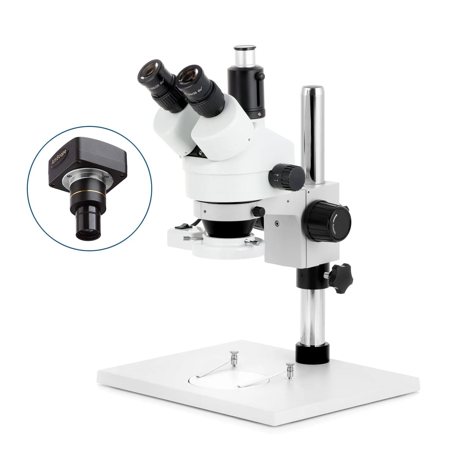 AmScope SM-1 Series Trinocular Stereo Microscope on Pillar Stand with Extra Large Base Plate w/8W Fluorescent Ring Light and Optional Digital Camera - Image 2