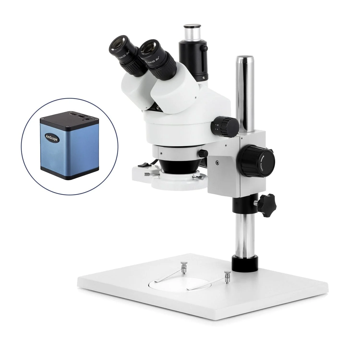 AmScope SM-1 Series Zoom Trinocular Stereo Microscope on Pillar Stand with Extra Large Base Plate w/8W Fluorescent Ring Light and Auto Focus Camera - Image 3