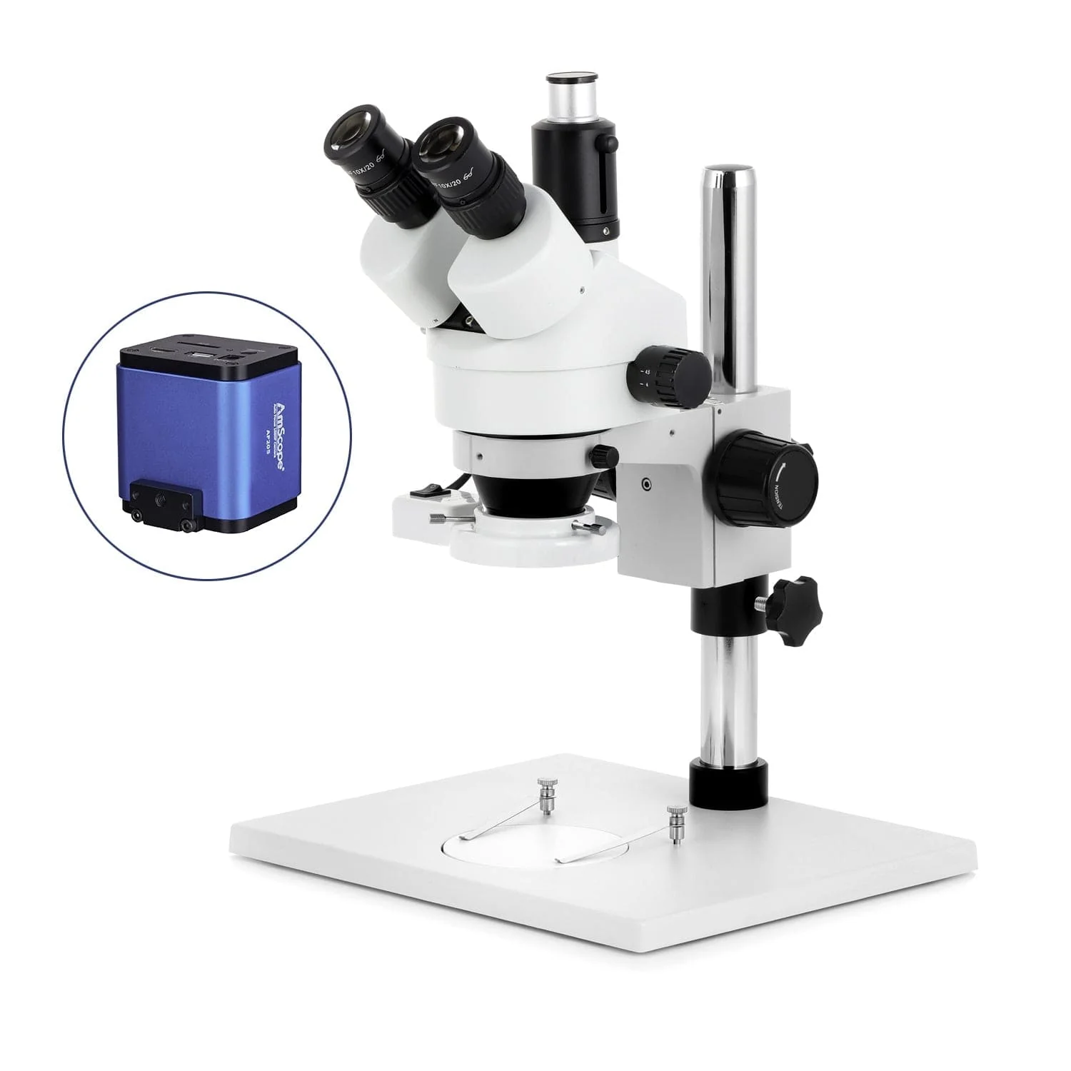 AmScope SM-1 Series Zoom Trinocular Stereo Microscope on Pillar Stand with Extra Large Base Plate w/8W Fluorescent Ring Light and Auto Focus Camera - Image 7