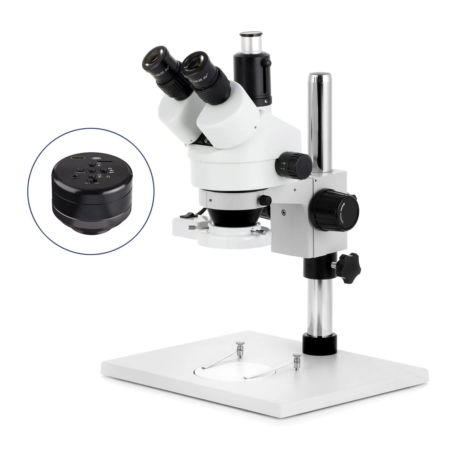 AmScope SM-1 Series Zoom Trinocular Stereo Microscope on Pillar Stand with Extra Large Base Plate w/8W Fluorescent Ring Light and HD Recording Camera - Image 2
