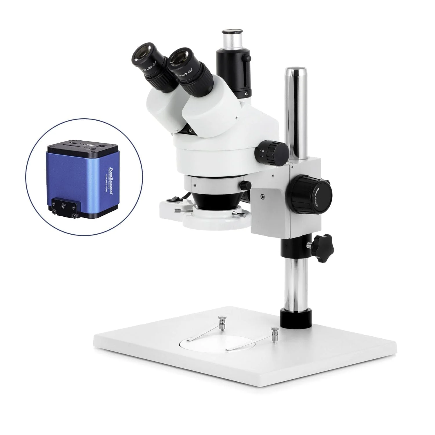 AmScope SM-1 Series Zoom Trinocular Stereo Microscope on Pillar Stand with Extra Large Base Plate w/8W Fluorescent Ring Light and HDMI Camera - Image 5
