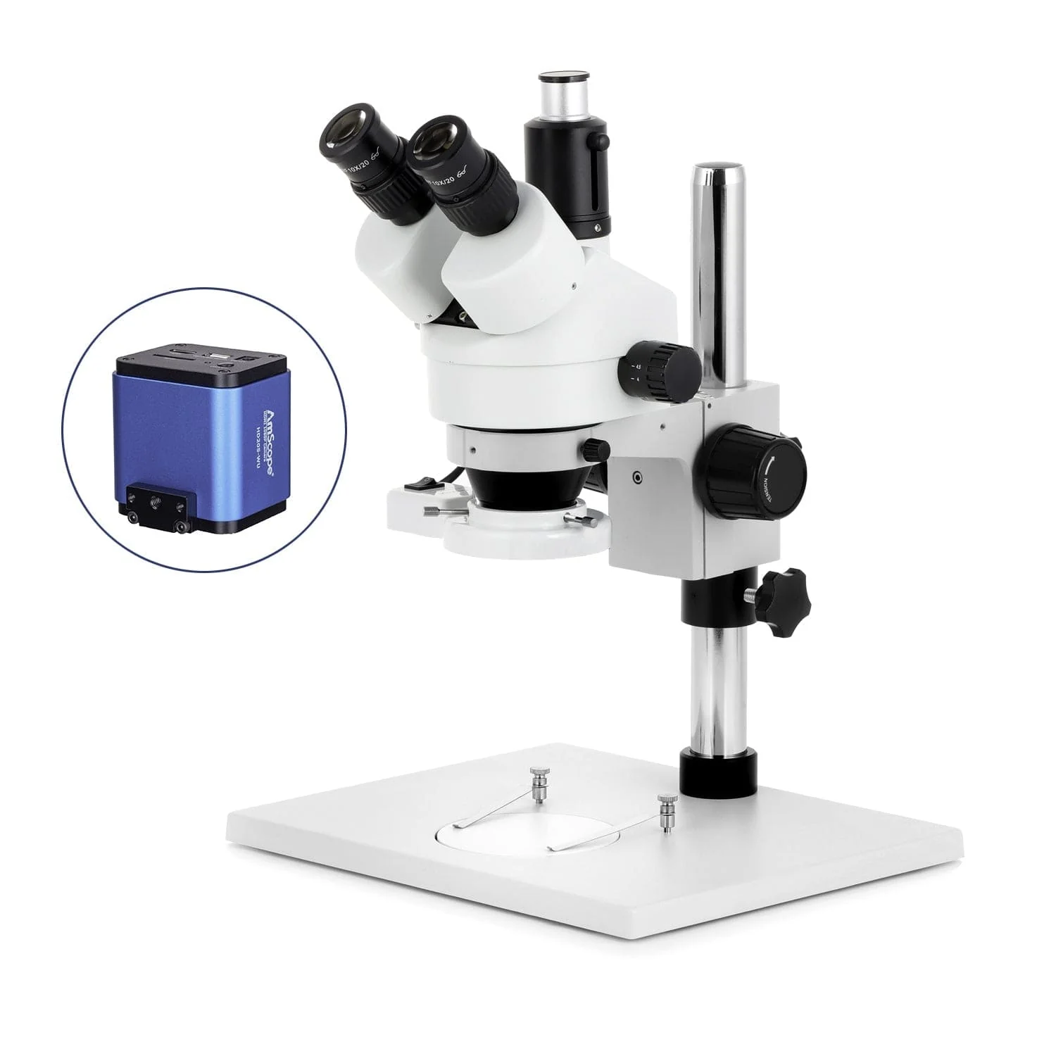 AmScope SM-1 Series Zoom Trinocular Stereo Microscope on Pillar Stand with Extra Large Base Plate w/8W Fluorescent Ring Light and HDMI Camera - Image 7